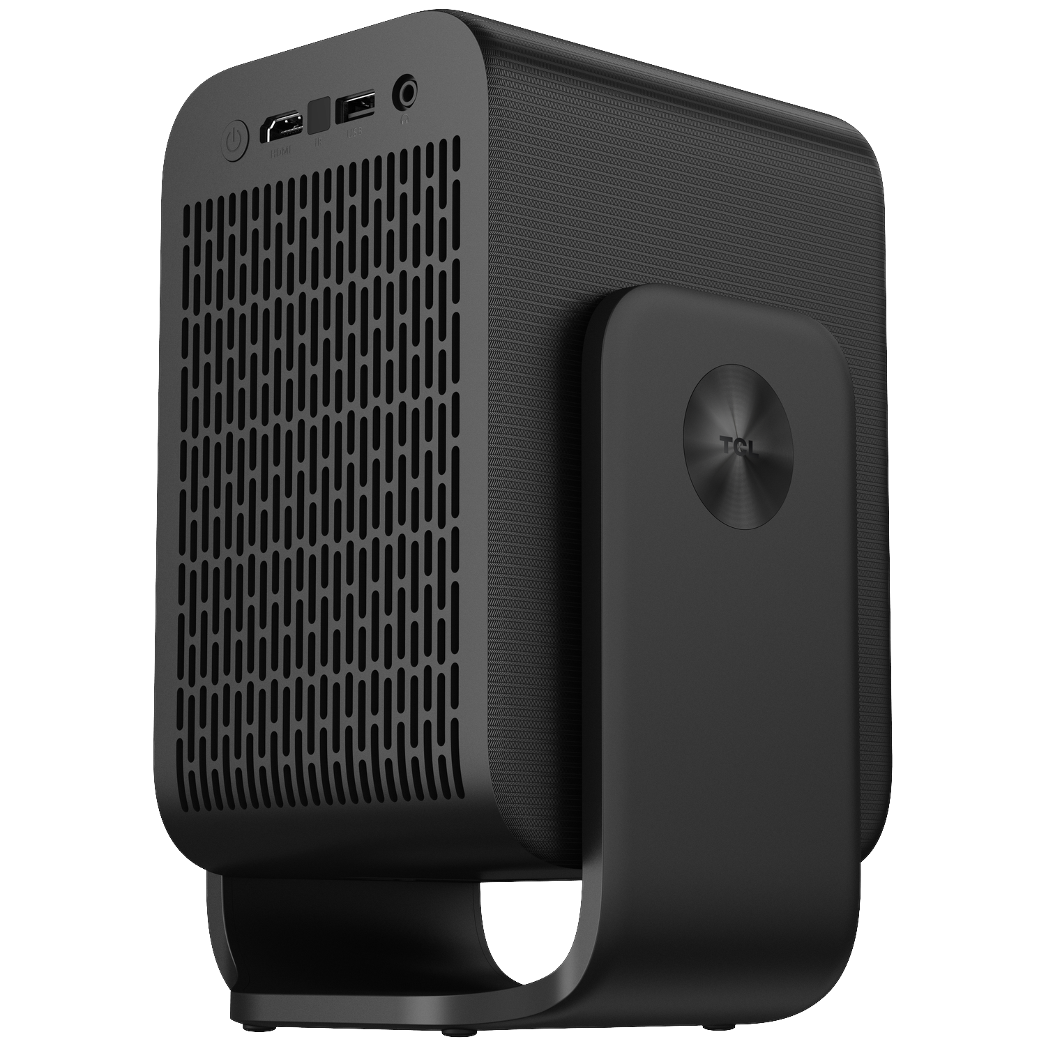 Projecteur noir avec aérations et logo TCL sur un support.