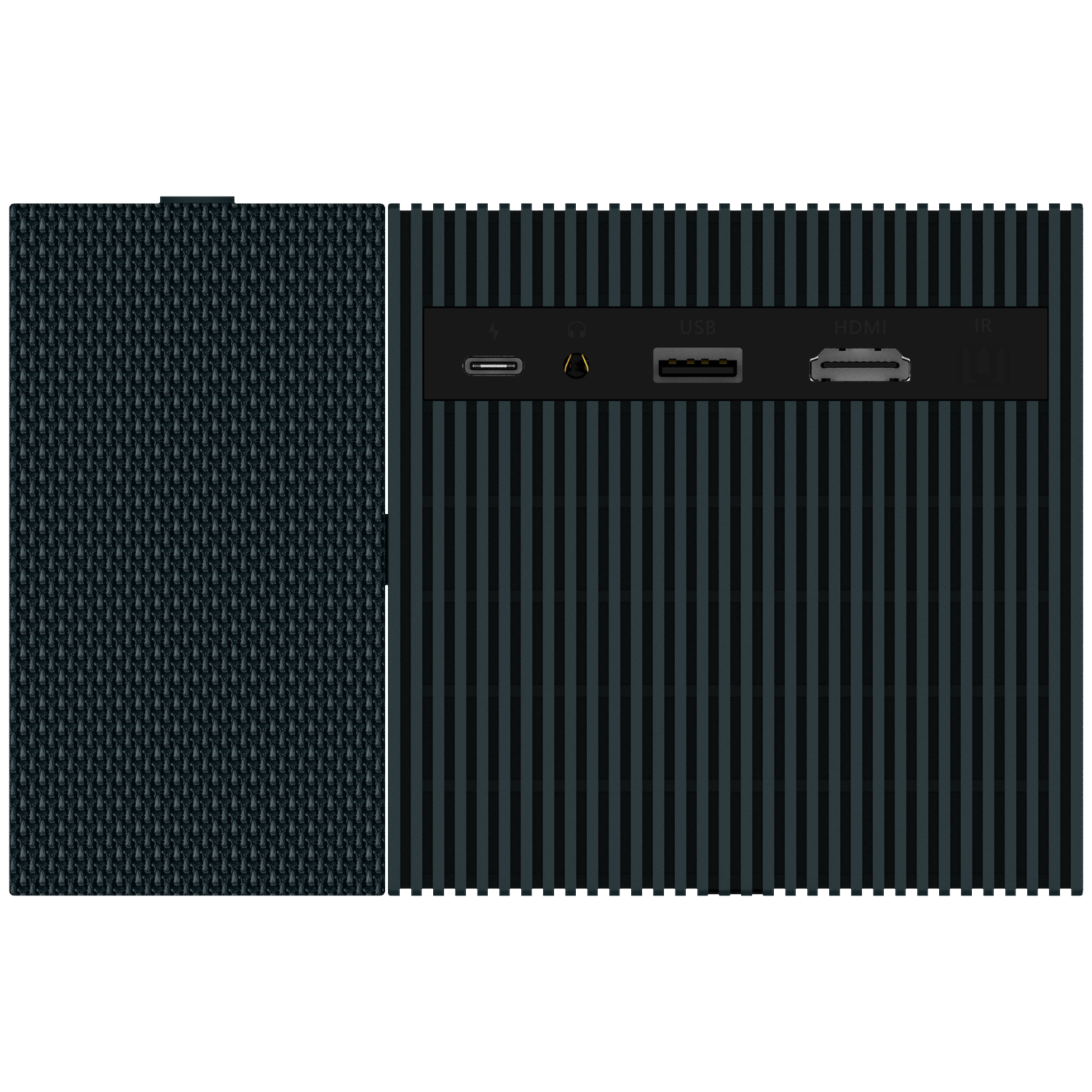 Arrière d'un appareil sombre avec ports : USB-C, casque, USB-A, HDMI, IR.