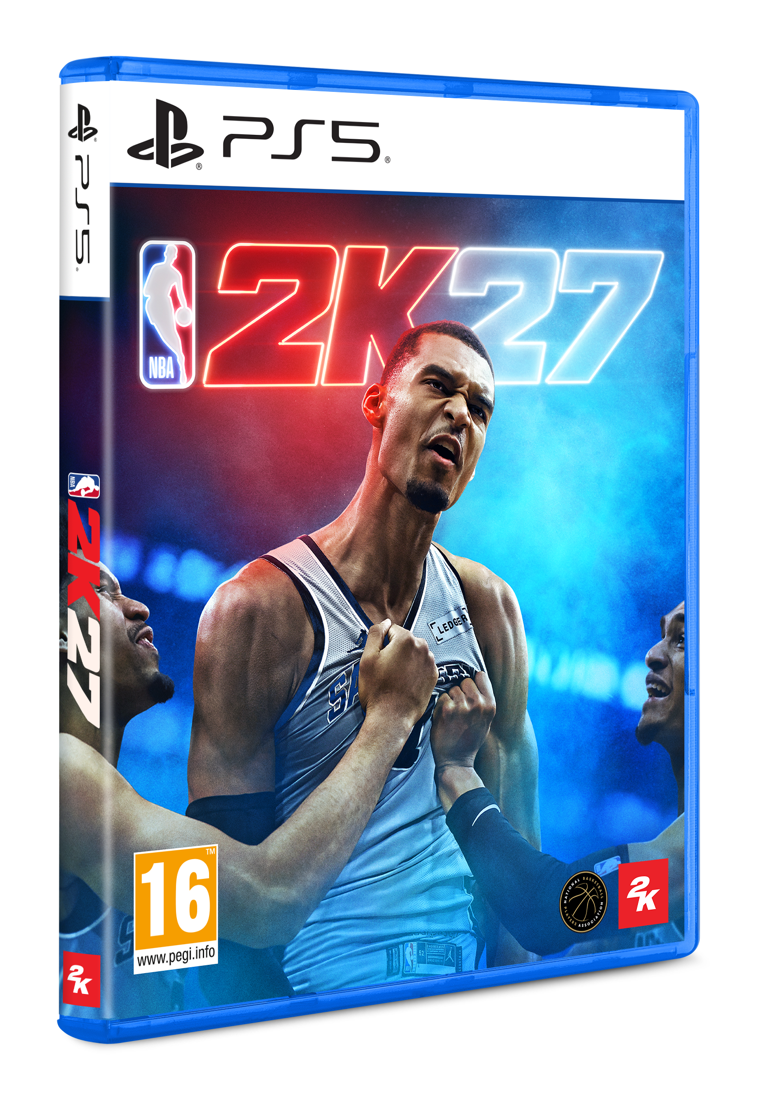 Portada de juego NBA 2K27 PS5 con jugadores agarrándose las manos. Logo neón.