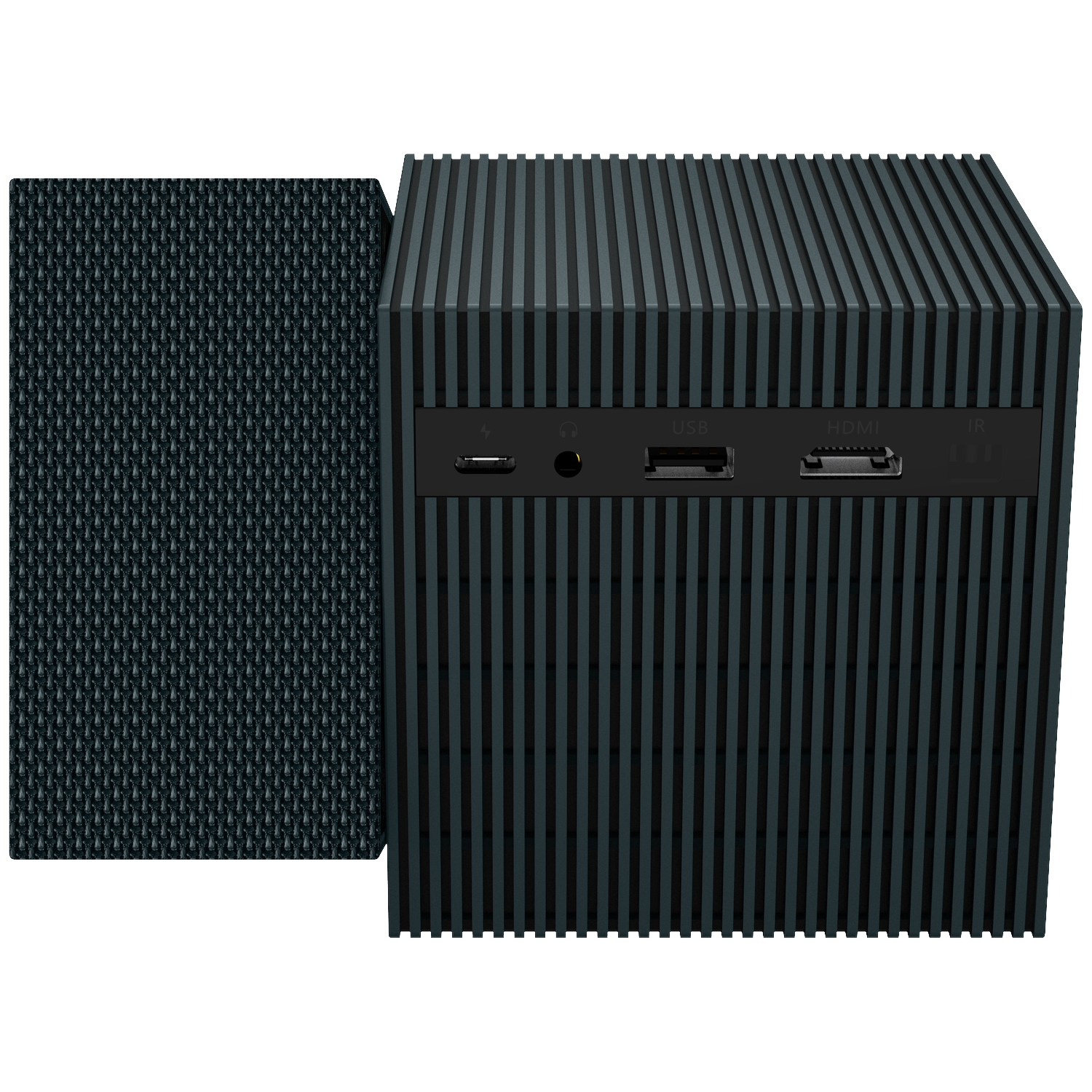 Un cube noir côtelé avec ports : USB, HDMI, IR. À côté d'un panneau texturé.