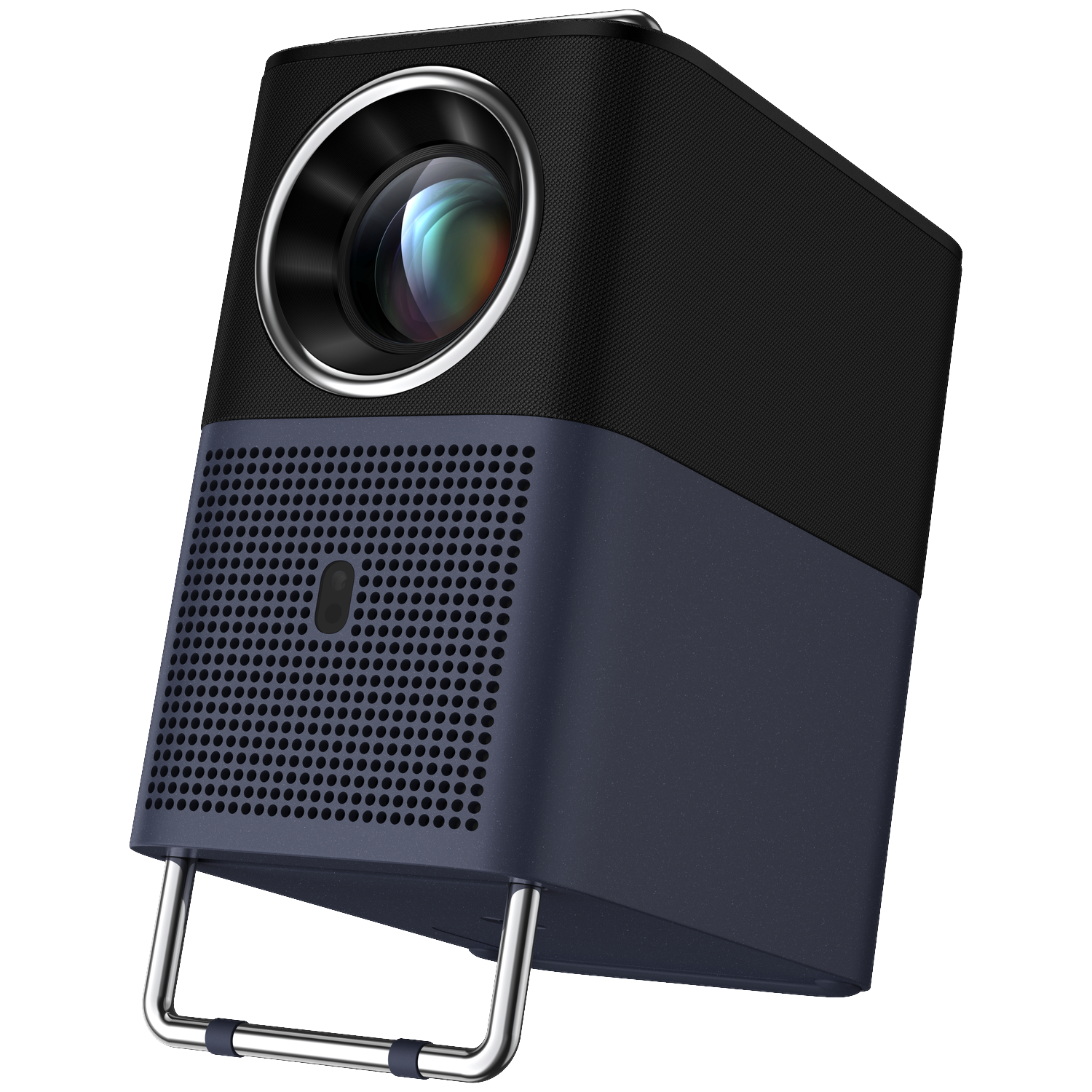 Un projecteur rectangulaire compact bleu foncé et noir avec des accents argentés.