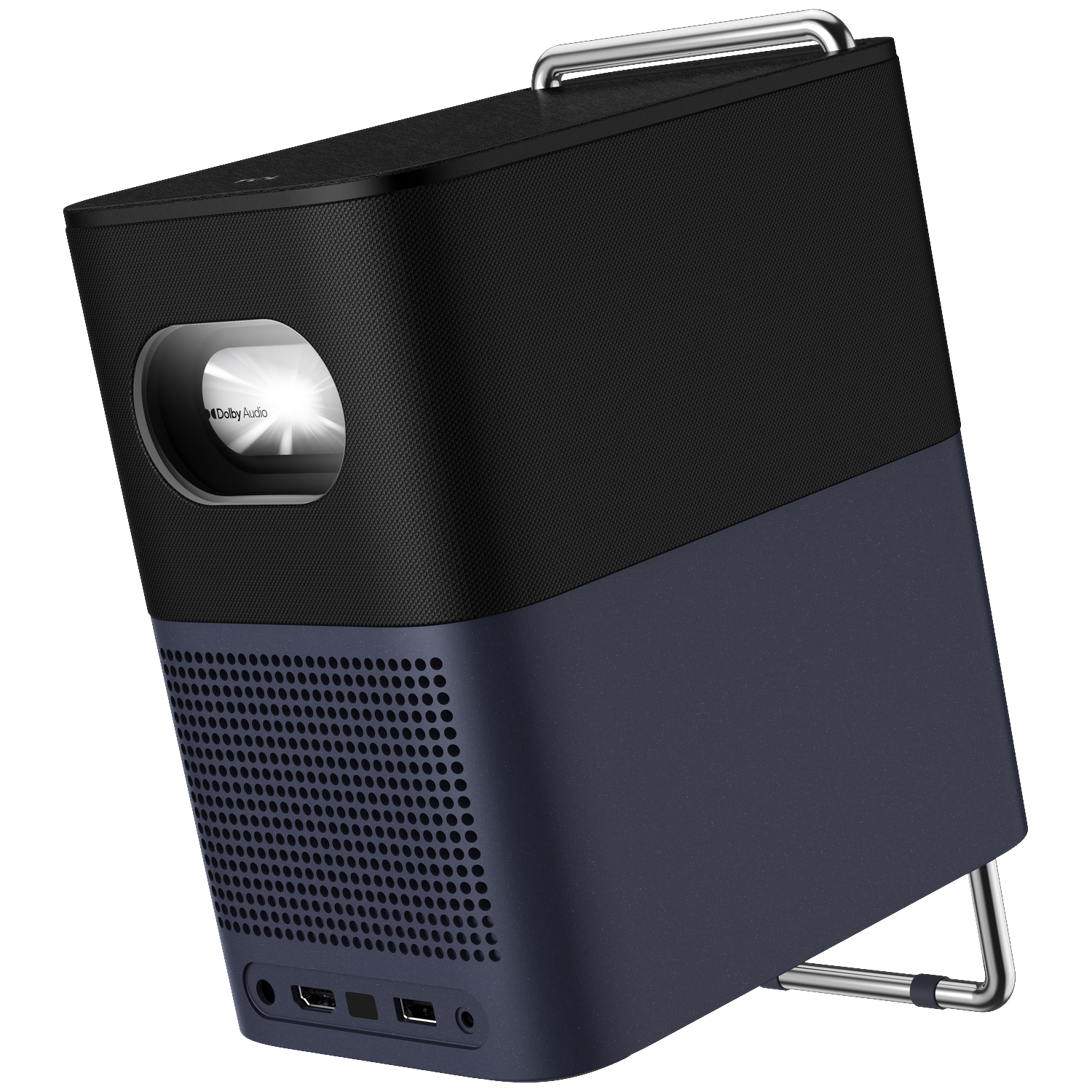 Un projecteur noir et bleu foncé avec logo Dolby Audio, sur fond noir.
