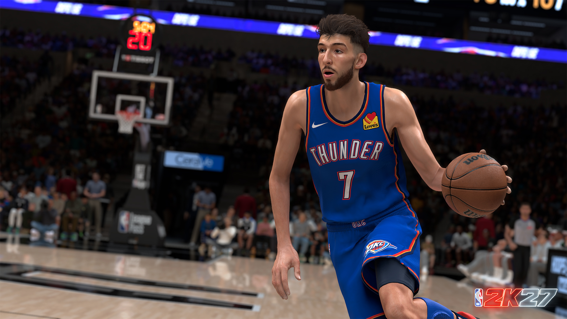 Un jugador de baloncesto con camiseta azul y el número 7 dribla el balón.