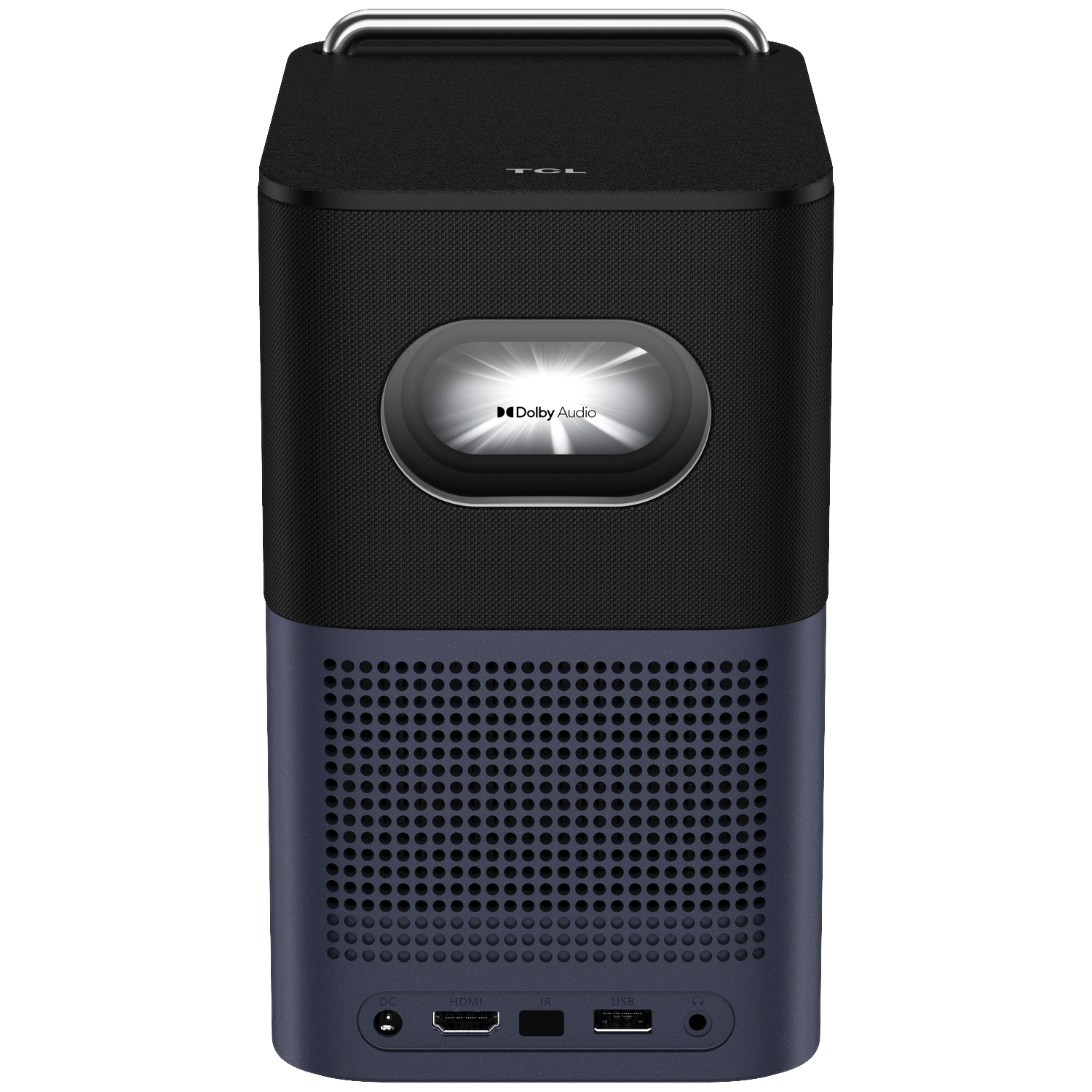 Un projecteur portable avec Dolby Audio, grille noire et base bleue.