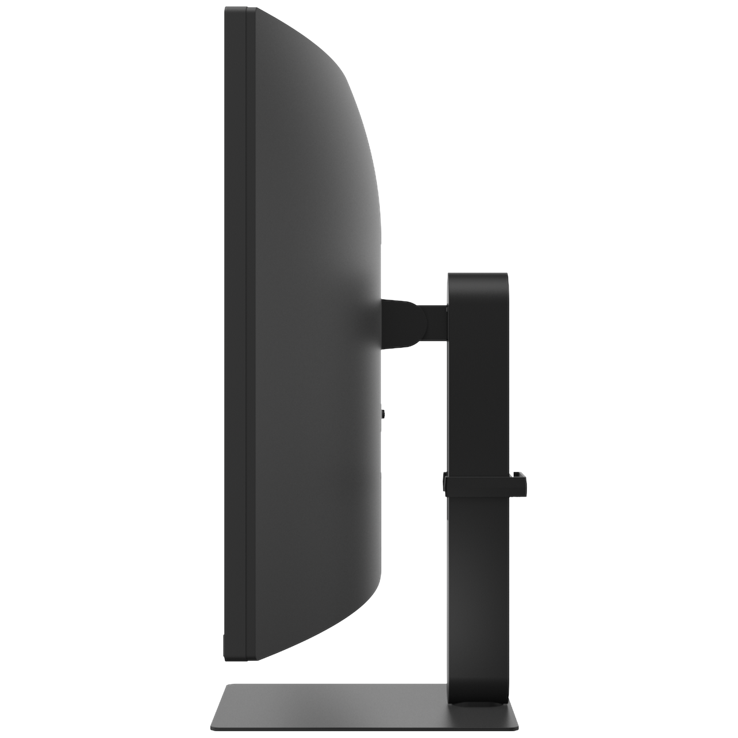 Black monitor with a curved screen, viewed from the side.