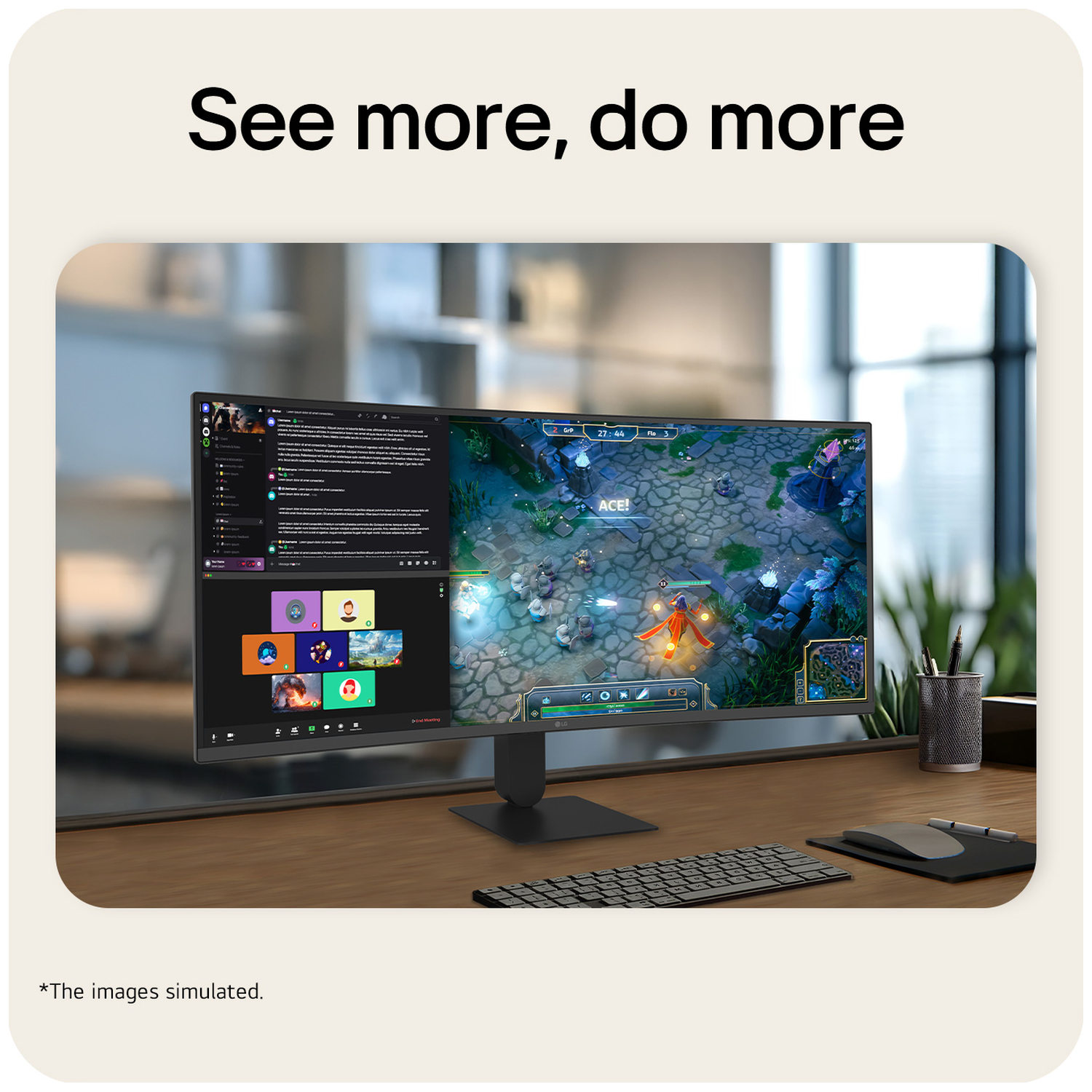 A computer monitor displays a game and video conference. Keyboard and mouse are beside it.
