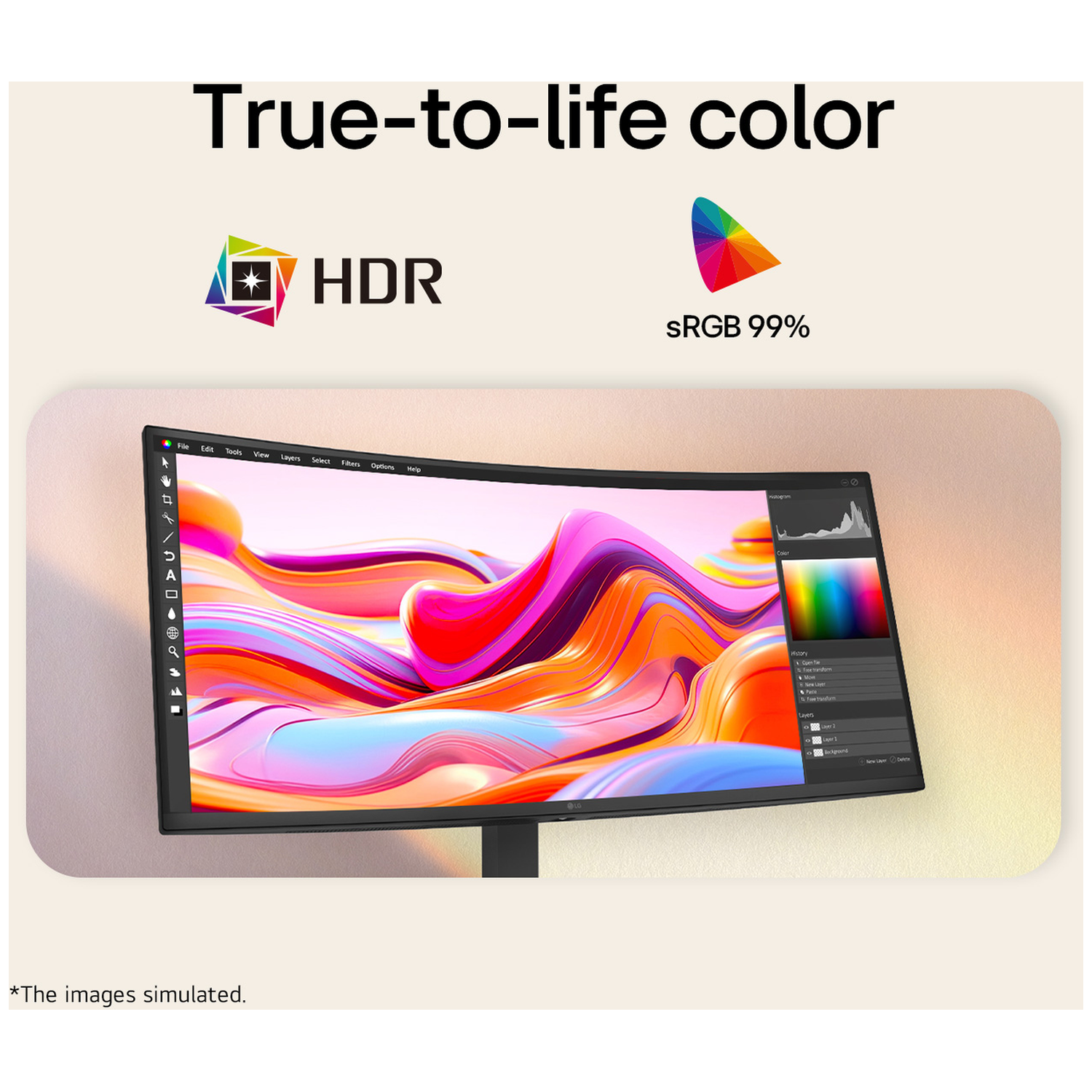 A monitor displays a vibrant, abstract image. "True-to-life color" and "HDR" are shown.