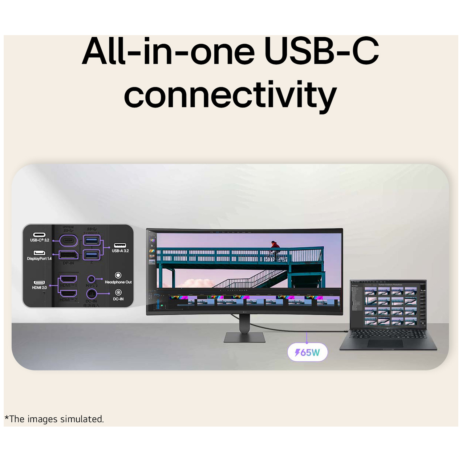 A monitor with ports, a laptop, and a 65W charging indicator.