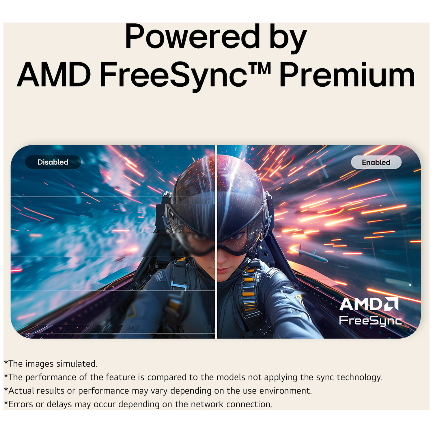 Two views of a pilot with AMD FreeSync Premium logo. Left 'Disabled', right 'Enabled'.