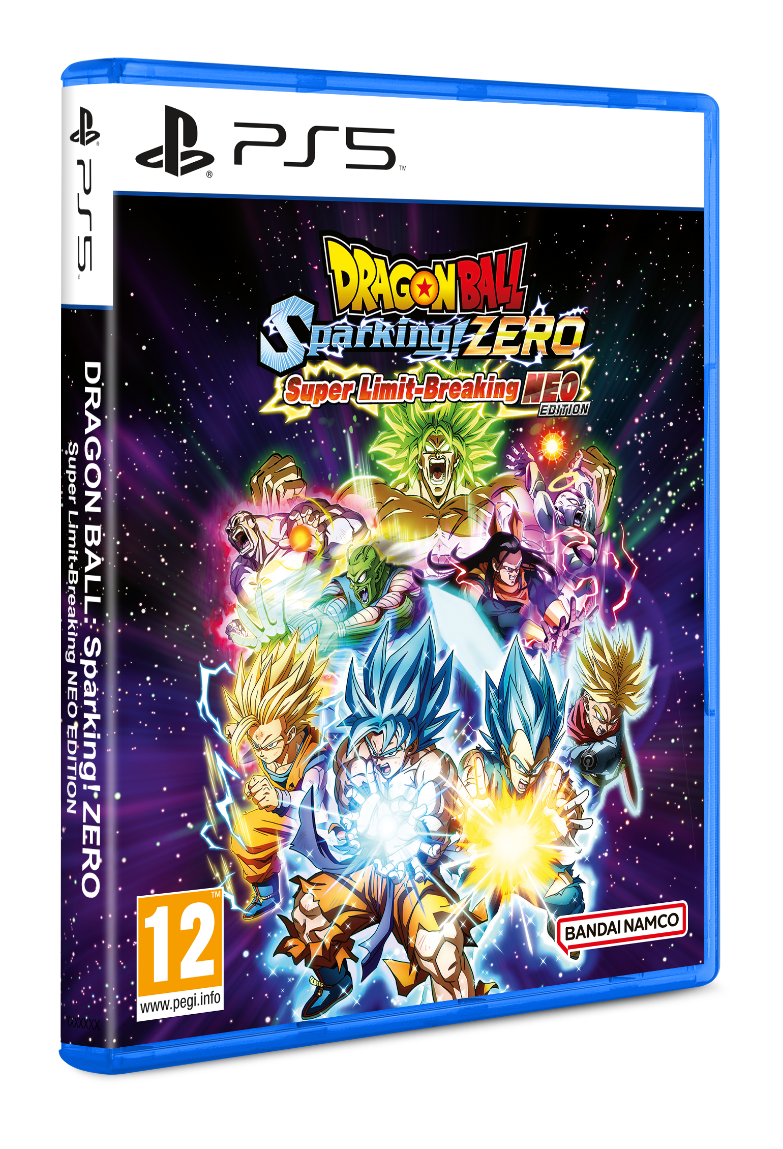 Caja de juego PS5 con personajes de Dragon Ball en batalla sobre un fondo estrellado.
