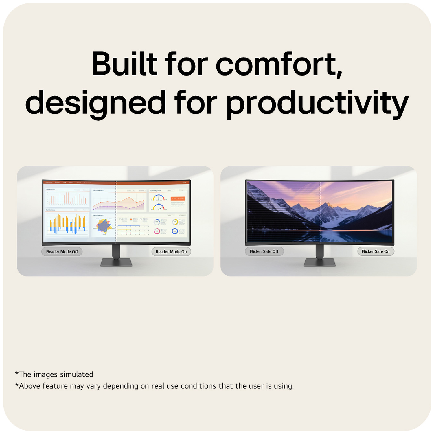 Two monitors shown: one with data charts, Reader Mode On/Off. Other with landscape, Flicker Safe On/Off.