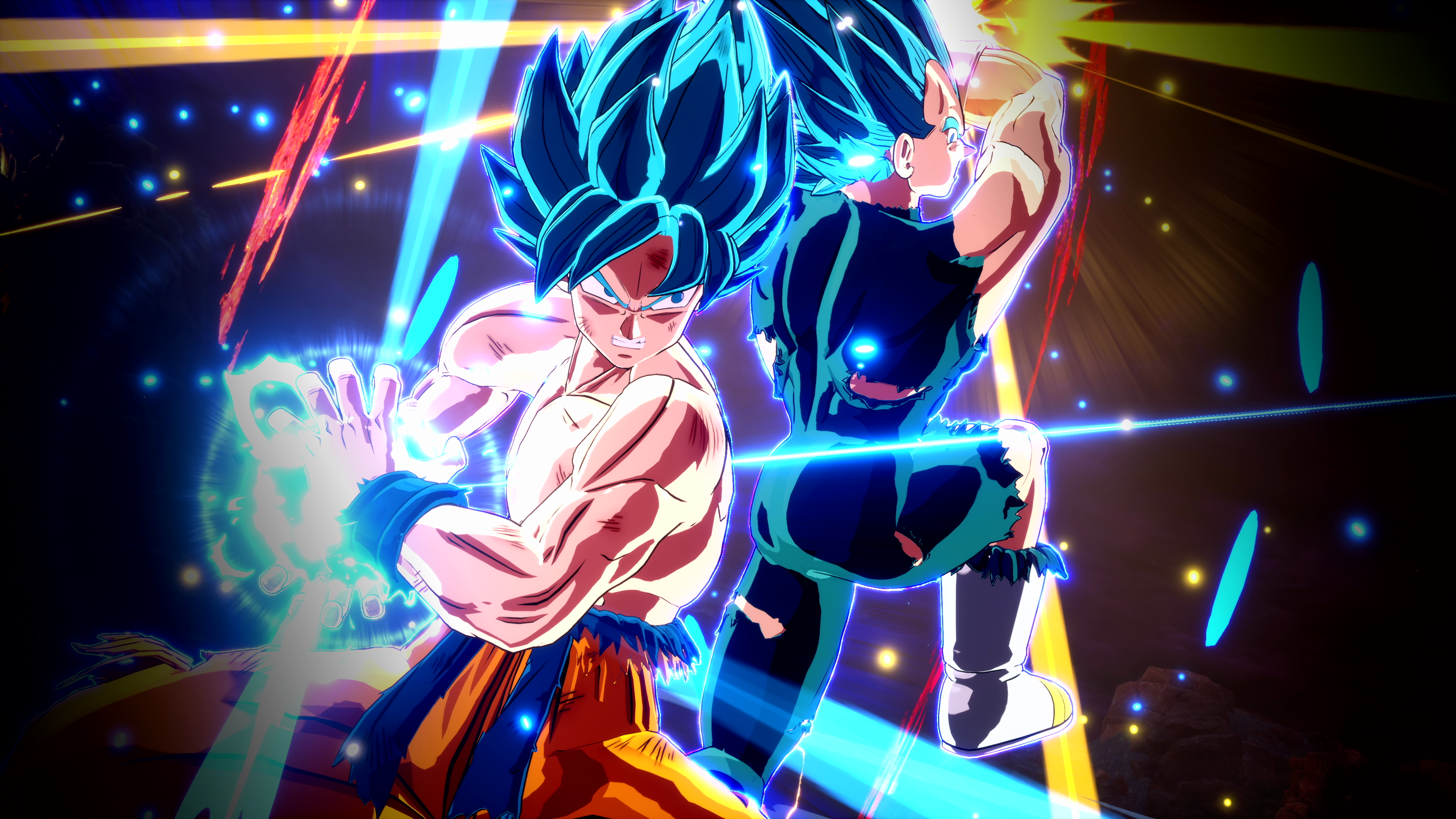 Dos personajes animados con pelo azul, uno cargando energía.