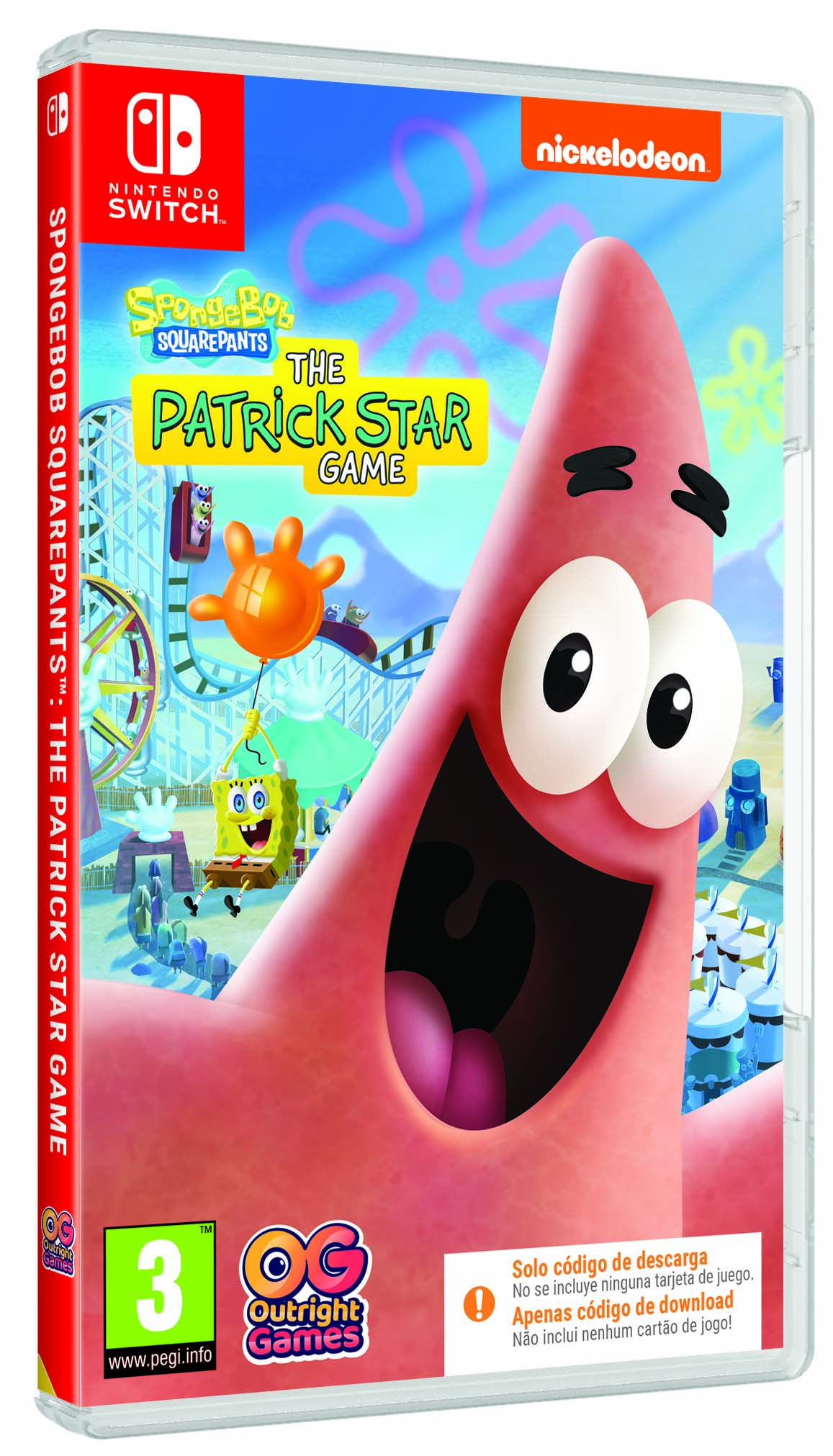La carátula del juego presenta a Patricio Estrella, Bob Esponja y una montaña rusa con logo de Nickelodeon.