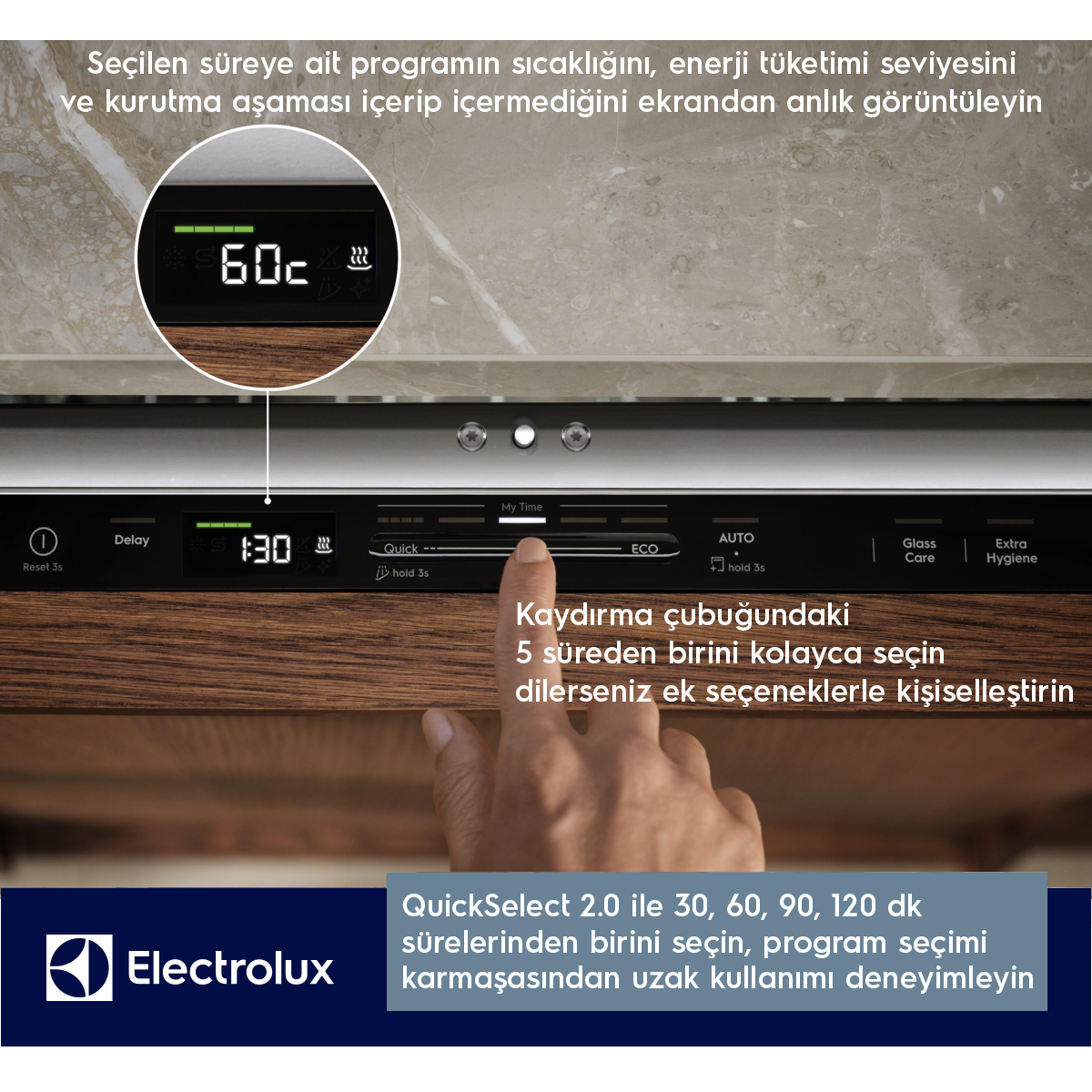 Bir parmak, bulaşık makinesinin kontrol panelindeki süreyi ayarlar.