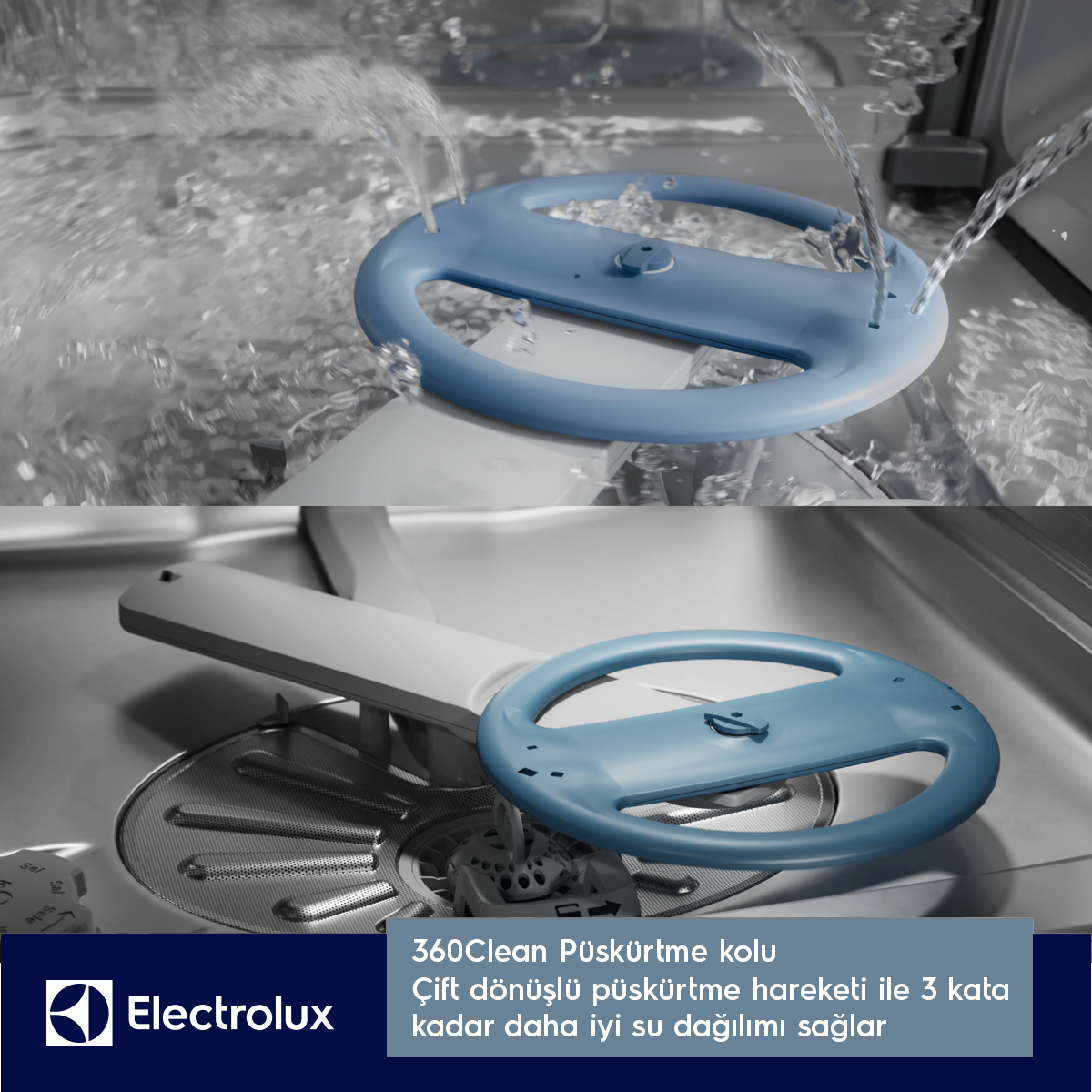 Bulaşık makinesinde su sıçratan mavi püskürtme kolu. Electrolux logosu.