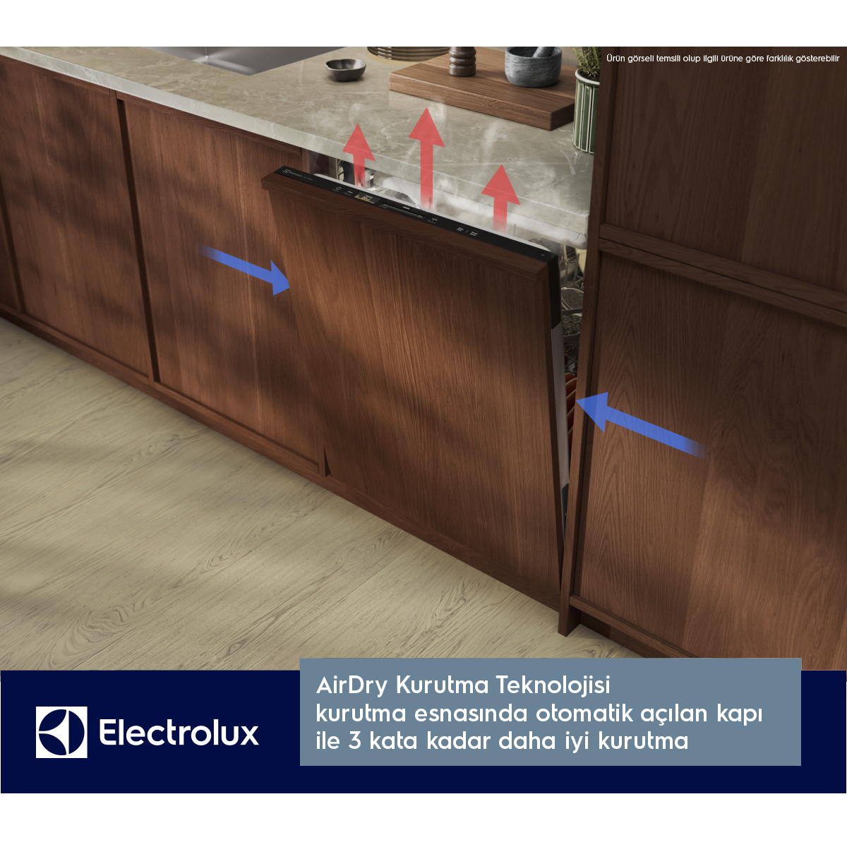 Açık kapılı bulaşık makinesi, hava akışını gösteriyor. AirDry Teknolojisi.