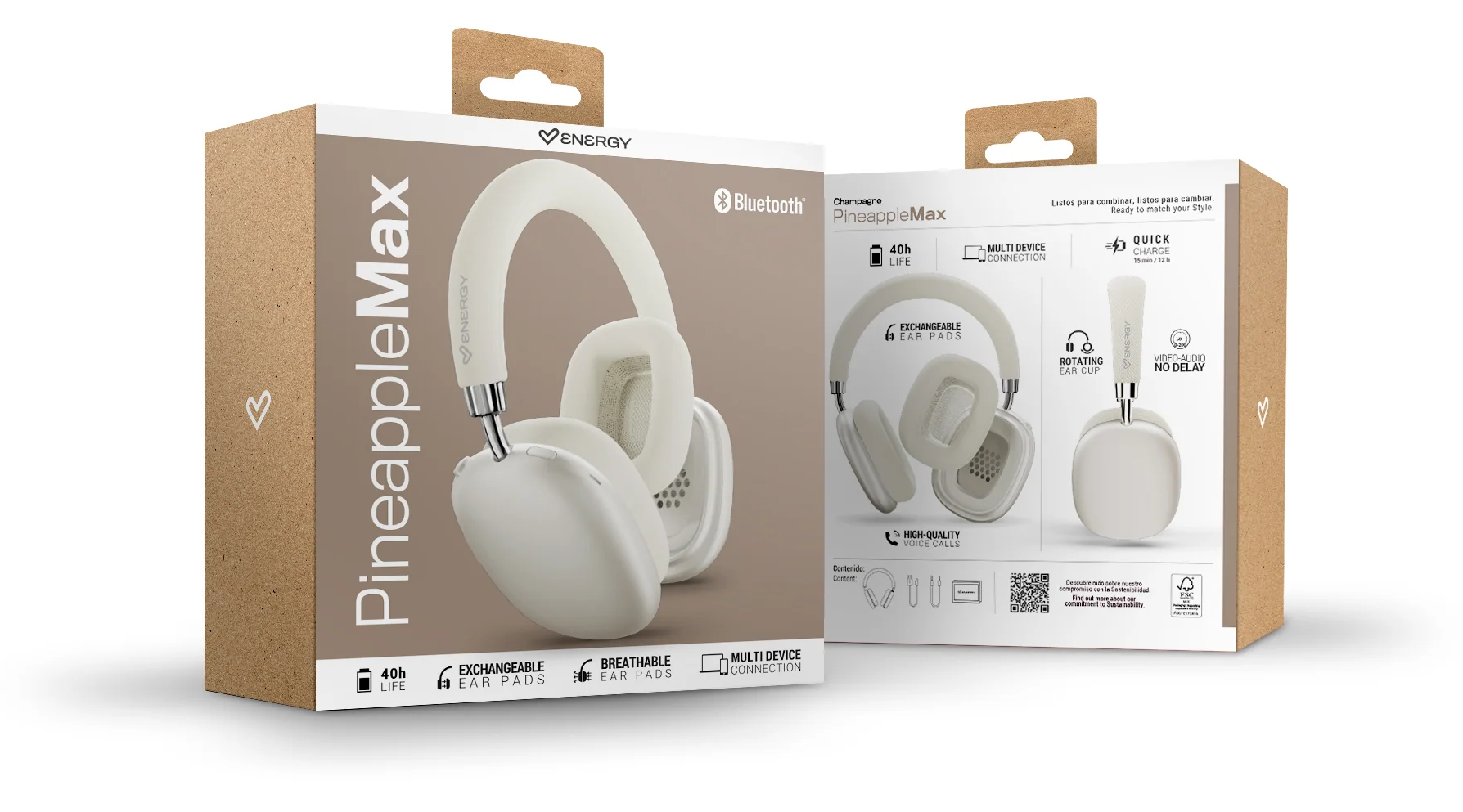 Fehér fejhallgató csomagolása Bluetooth logóval és termékjellemzőkkel.
