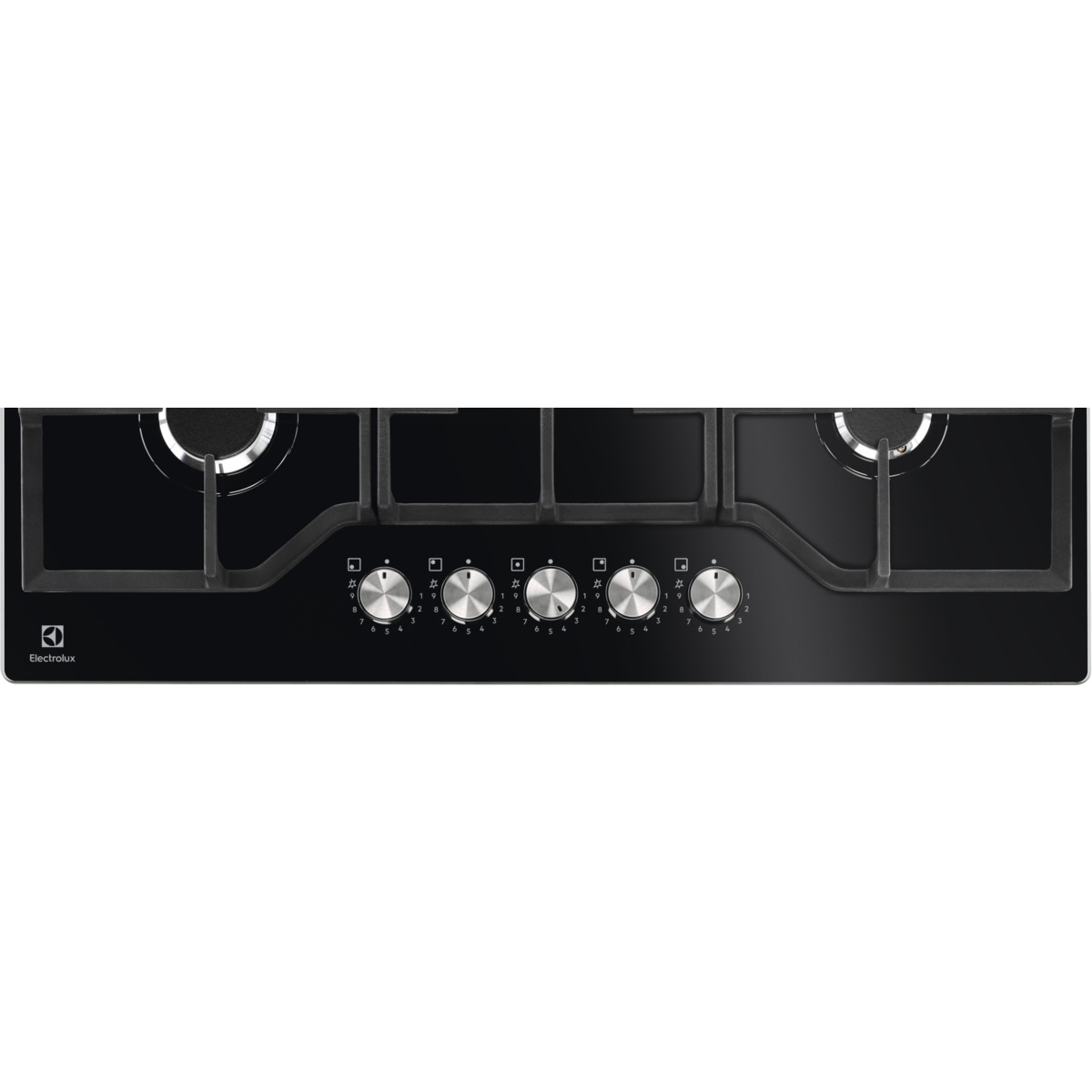Beş brülörlü ve beş kontrol düğmeli siyah Electrolux gazlı ocak.