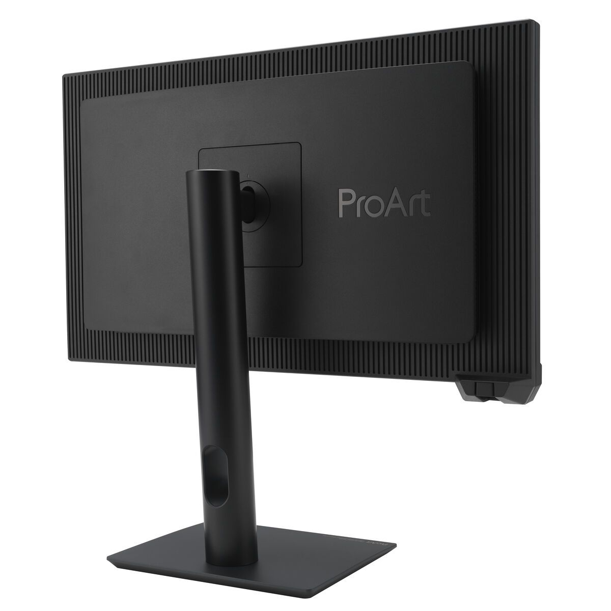 Vista trasera de un monitor negro con logo ProArt y soporte columnar.