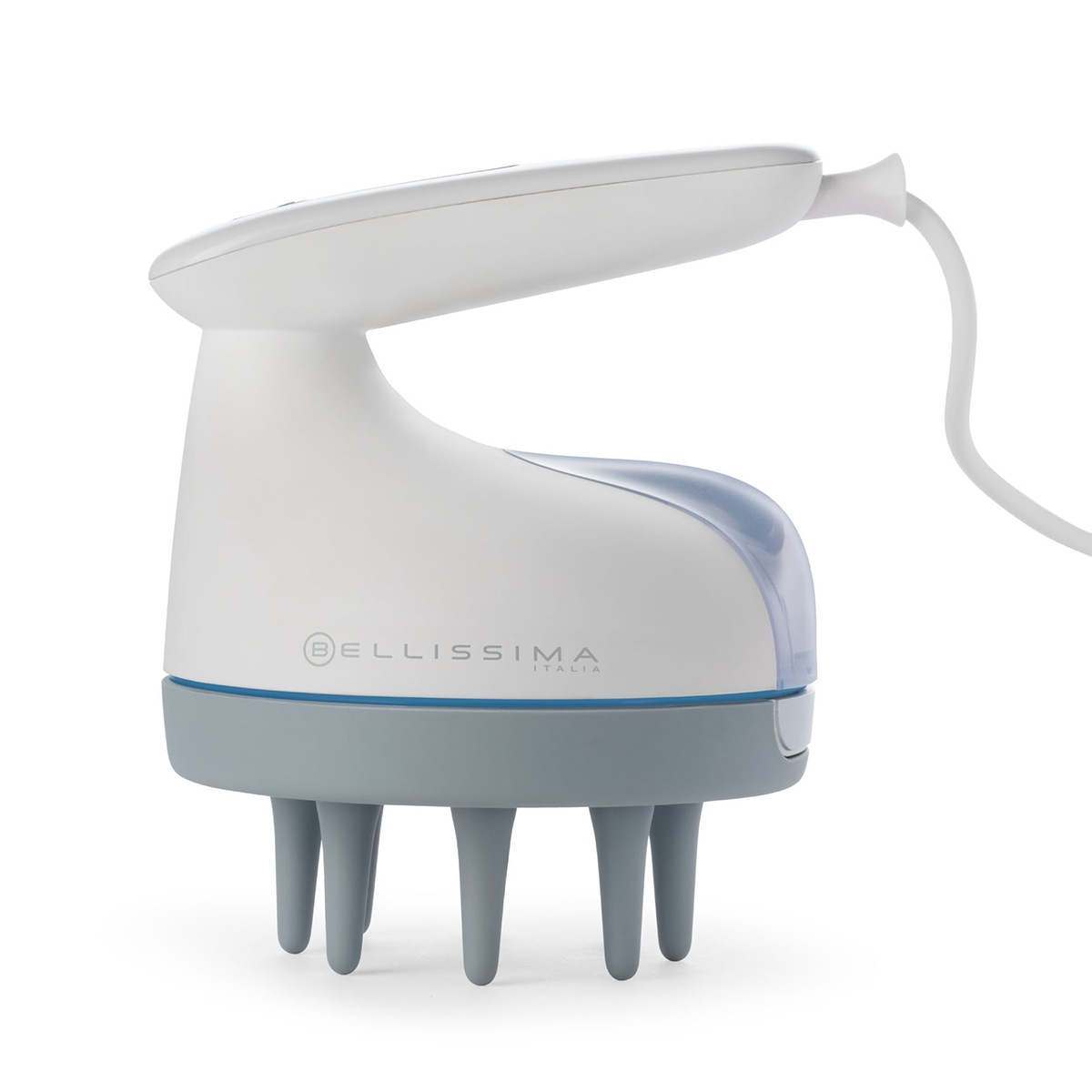 Masajeador eléctrico para el cuero cabelludo blanco y gris con depósito de agua azul.