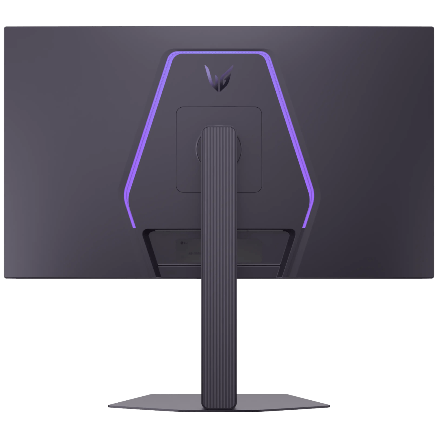 Parte trasera de un monitor con luz púrpura y un soporte.