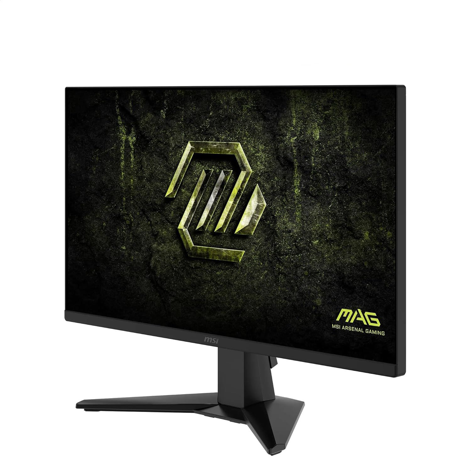 Un monitor gaming MSI negro con pantalla texturizada oscura y logo amarillo.