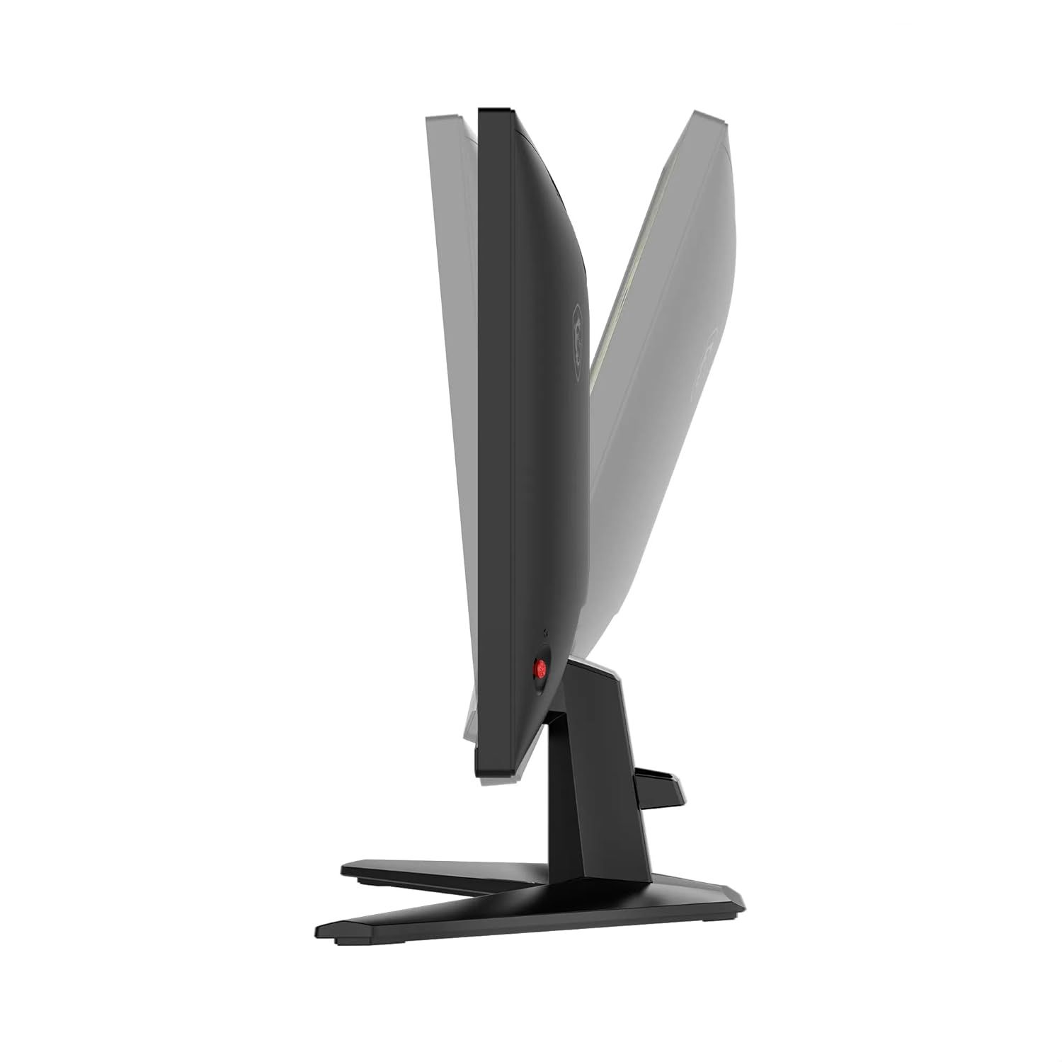 Monitor negro sobre un soporte, visto de lado con pantalla ajustable.