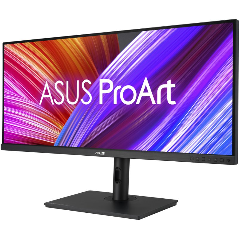 Un monitor ASUS ProArt muestra un colorido fondo de pantalla abstracto con vibrantes rayas naranjas, rosas y moradas.