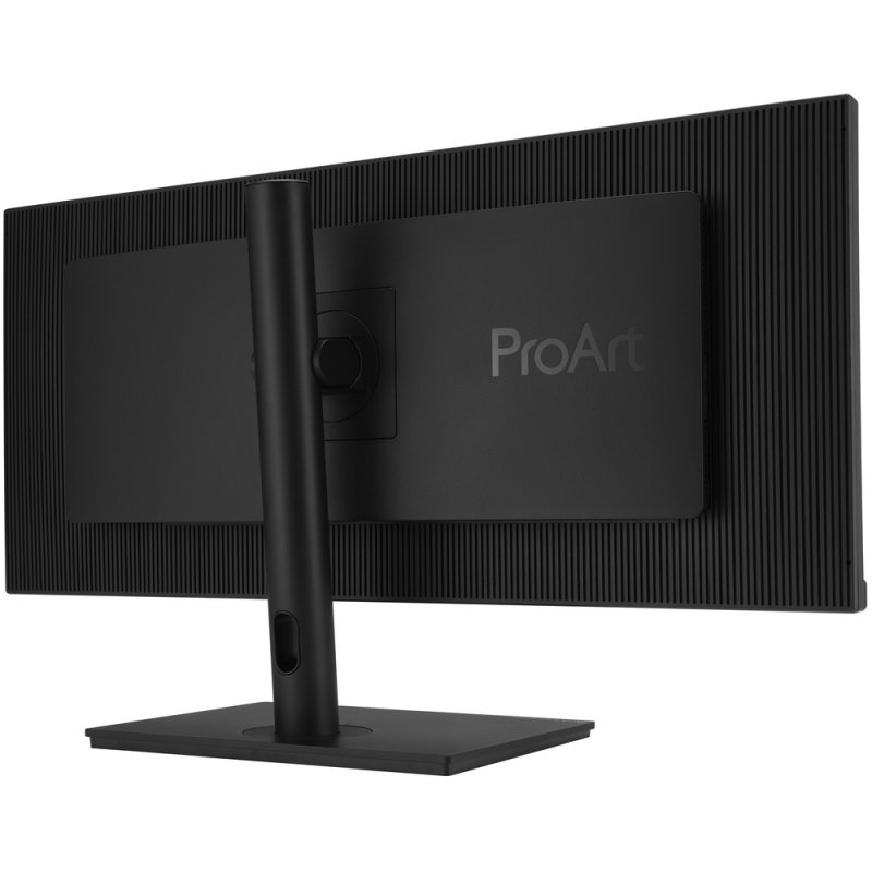 La parte trasera de un monitor negro con el logo ProArt y un soporte delgado.