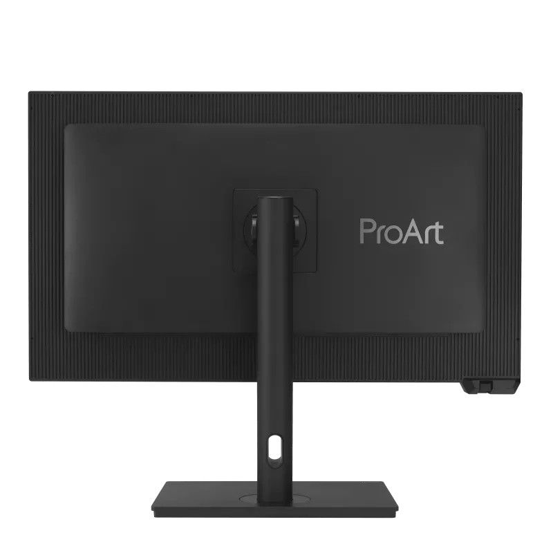 Vista trasera de un monitor ProArt negro con un soporte delgado.
