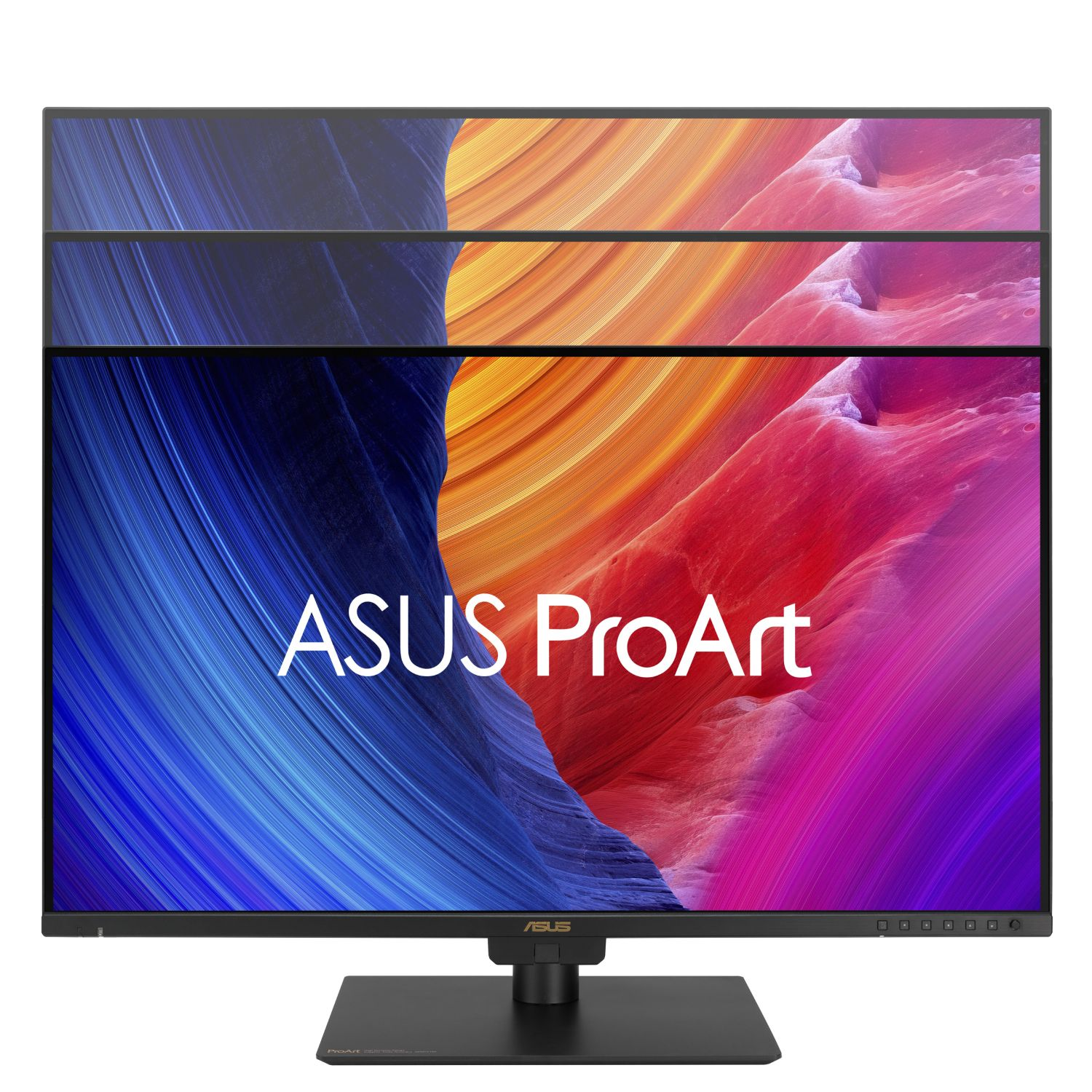 Dos monitores ASUS ProArt apilados con fondos abstractos y coloridos.