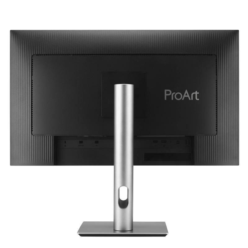 Vista trasera de un monitor negro con soporte plateado y logo ProArt.