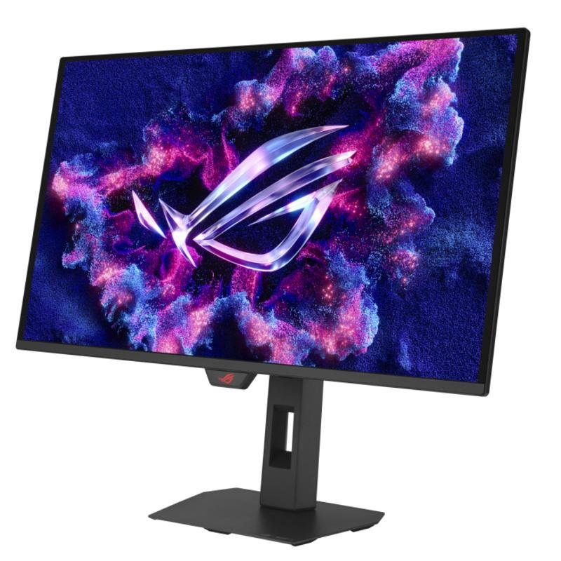 Un monitor gaming con logo ROG sobre fondo azul-púrpura.