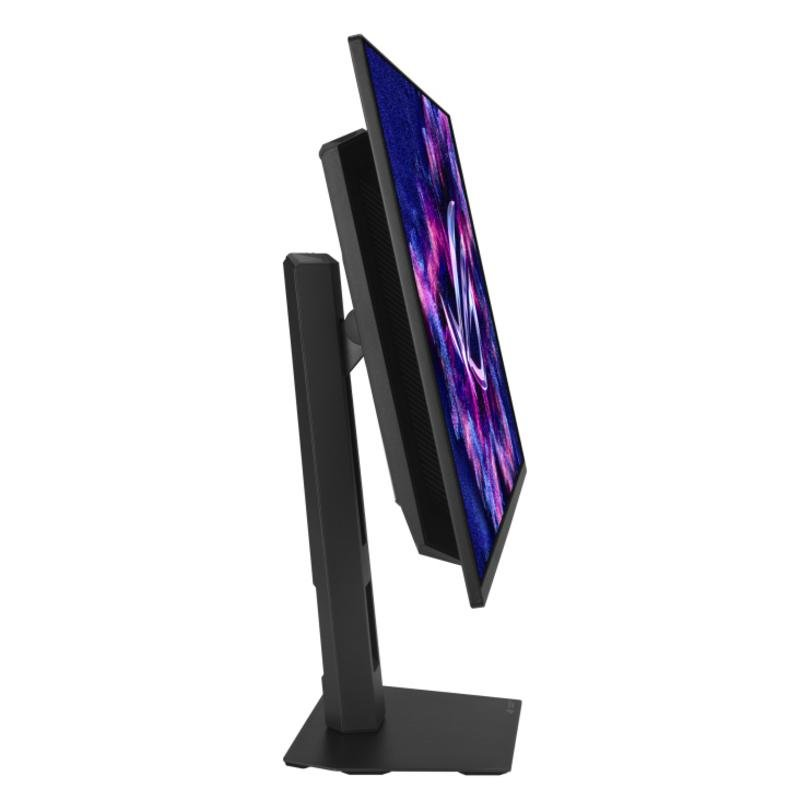 Monitor negro con fondo de pantalla morado-azul, mostrado de lado.