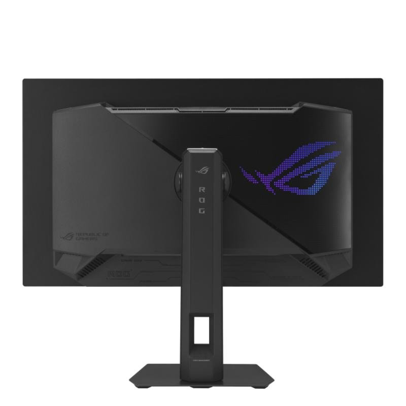 La parte trasera de un monitor gaming negro con soporte, con un logotipo ROG azul y morado brillante a la derecha.