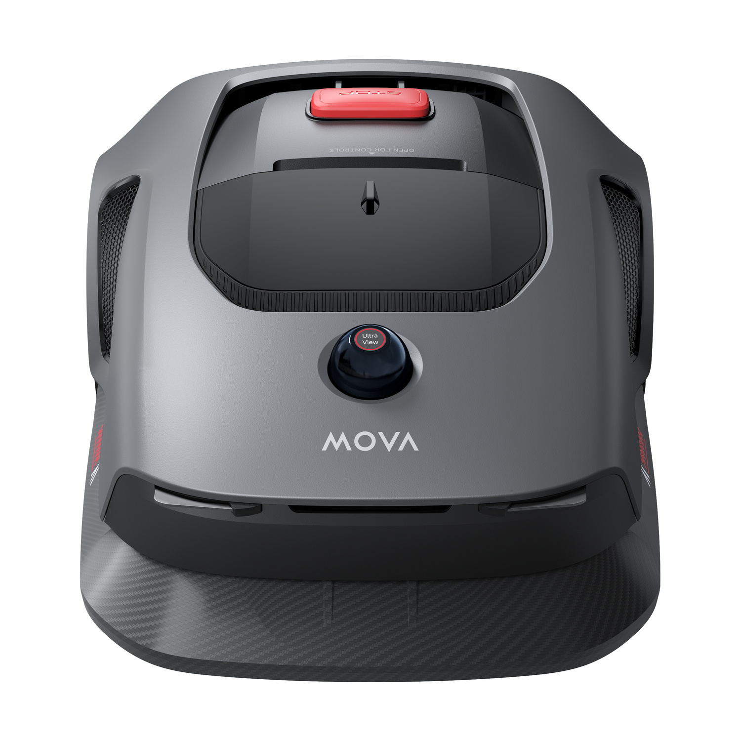 Un robot tosaerba grigio con pulsante rosso e pulsante nero "Ultra View".