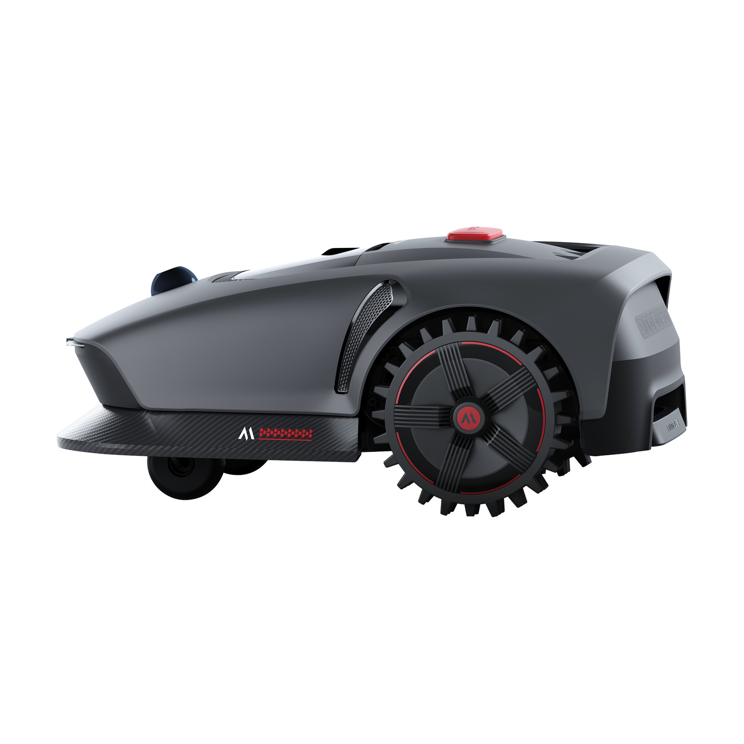 Un elegante tosaerba robot grigio scuro con pulsante rosso e grandi ruote dentate.