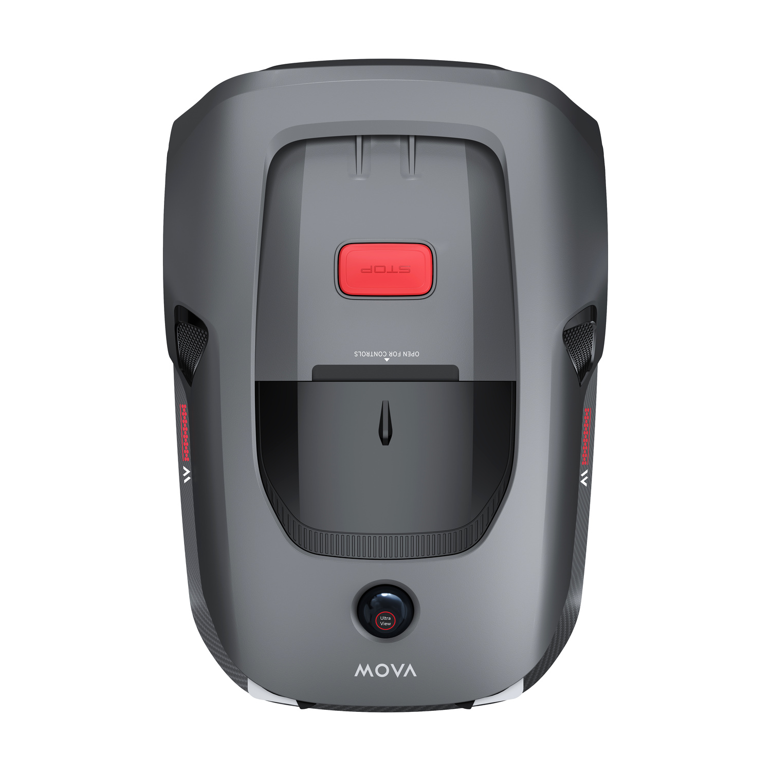 Tosaerba grigio con pulsante rosso stop e logo 'MOVA'.