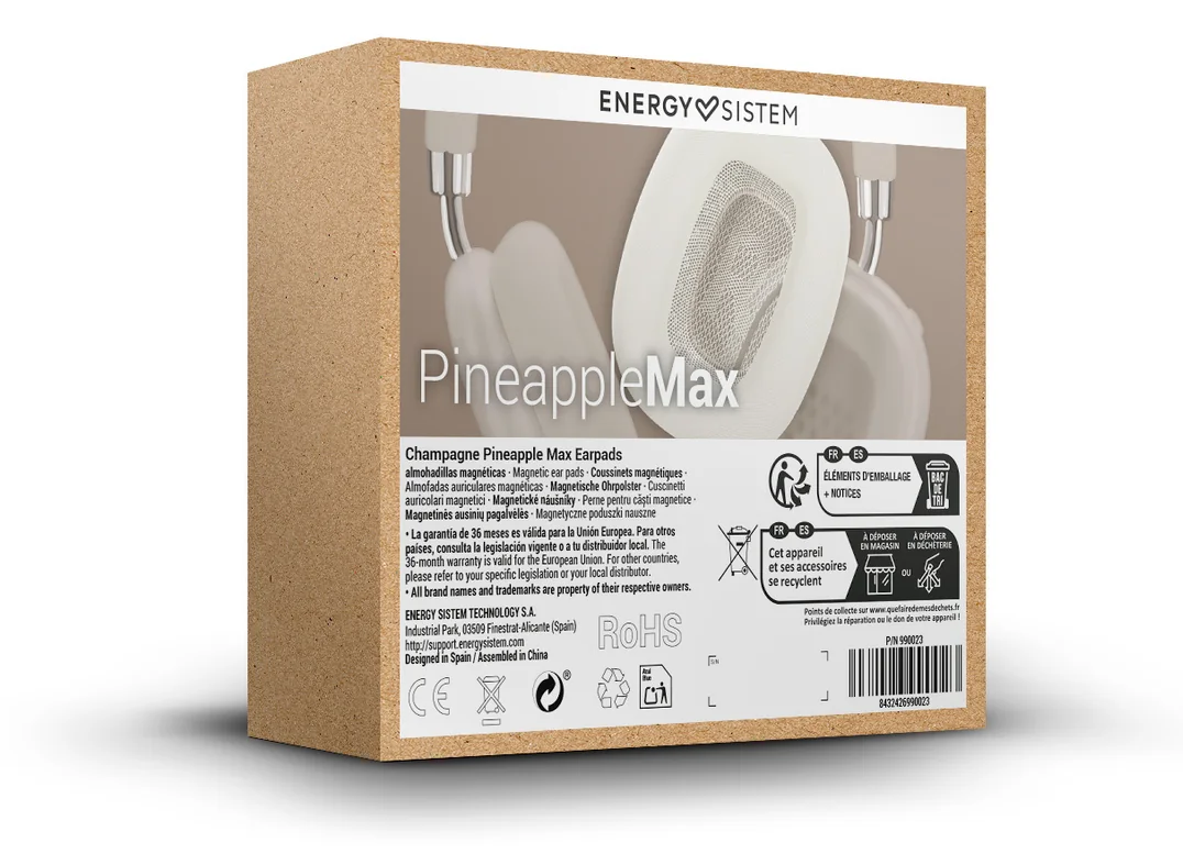 Champagne Pineapple Max fülpárna csomagolása, termékképpel és műszaki adatokkal.