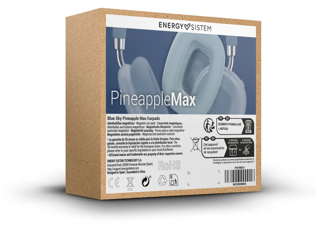 Kék PineappleMax fejhallgató csomagolása Energy Sistemtől. Termékinformációkat tartalmaz.