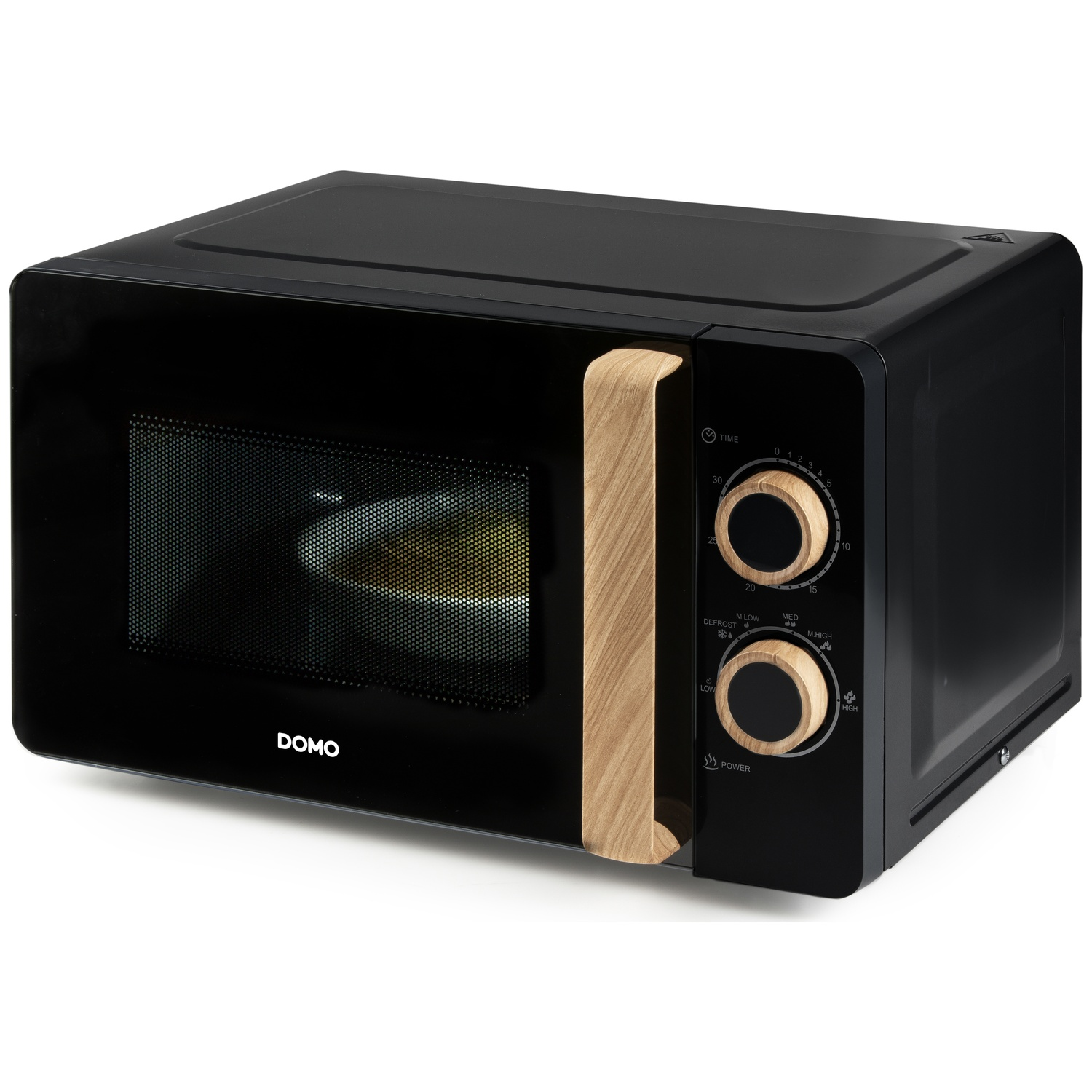 Micro-ondes noir avec poignée en bois et boutons rotatifs, sur fond blanc.