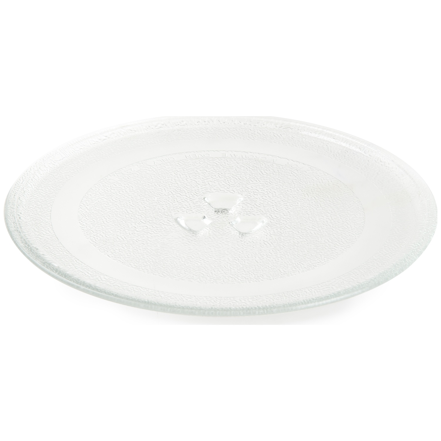 Une assiette ronde en verre transparent avec trois petits renflements au centre.