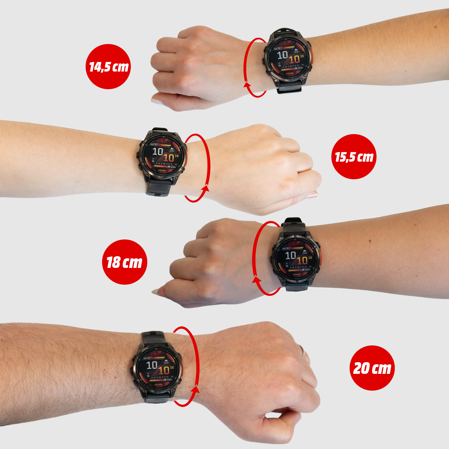 Uhr an vier Handgelenken mit Größenangaben: 14,5 cm, 15,5 cm, 18 cm, 20 cm.