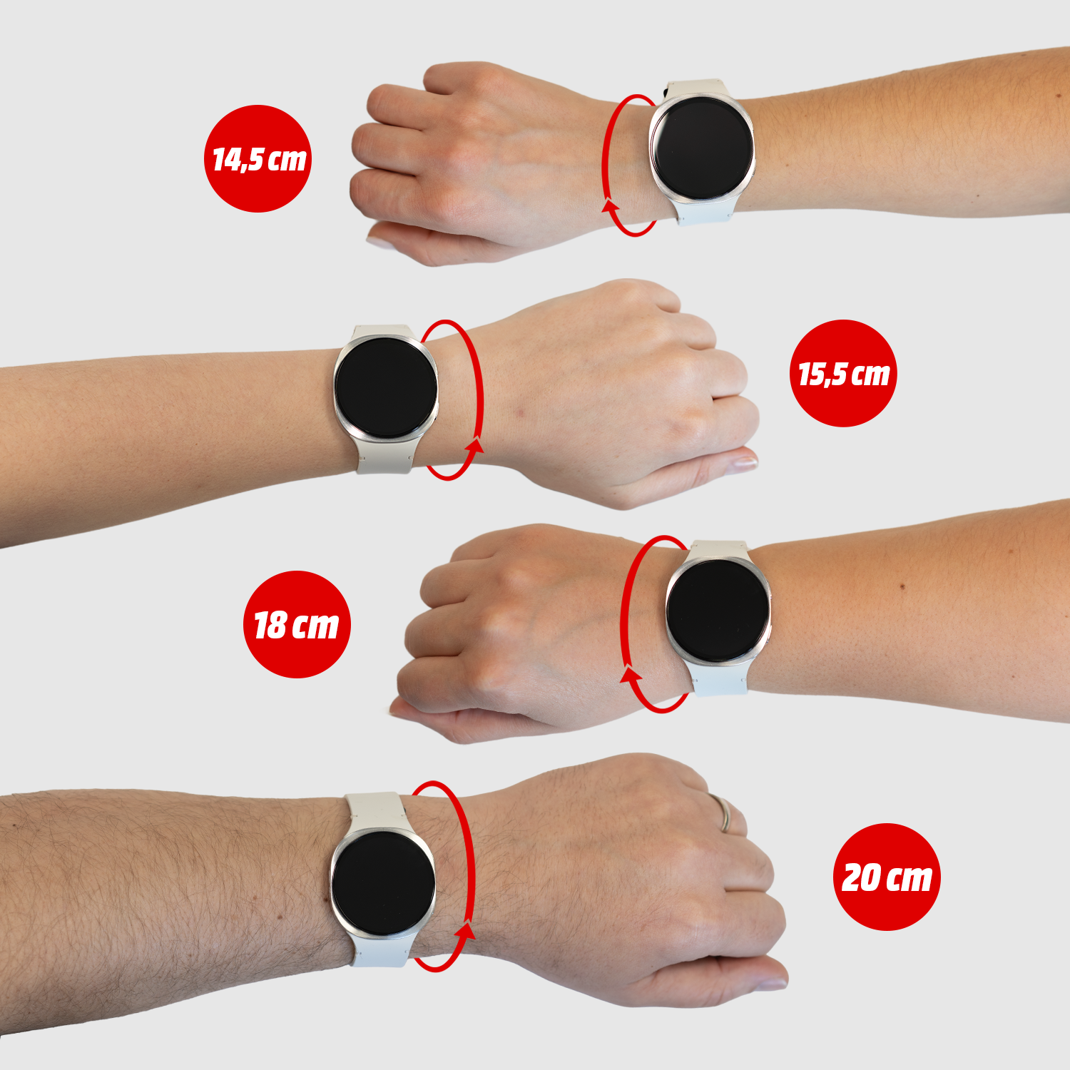 Armbanduhren in verschiedenen Größen mit Größenangaben.