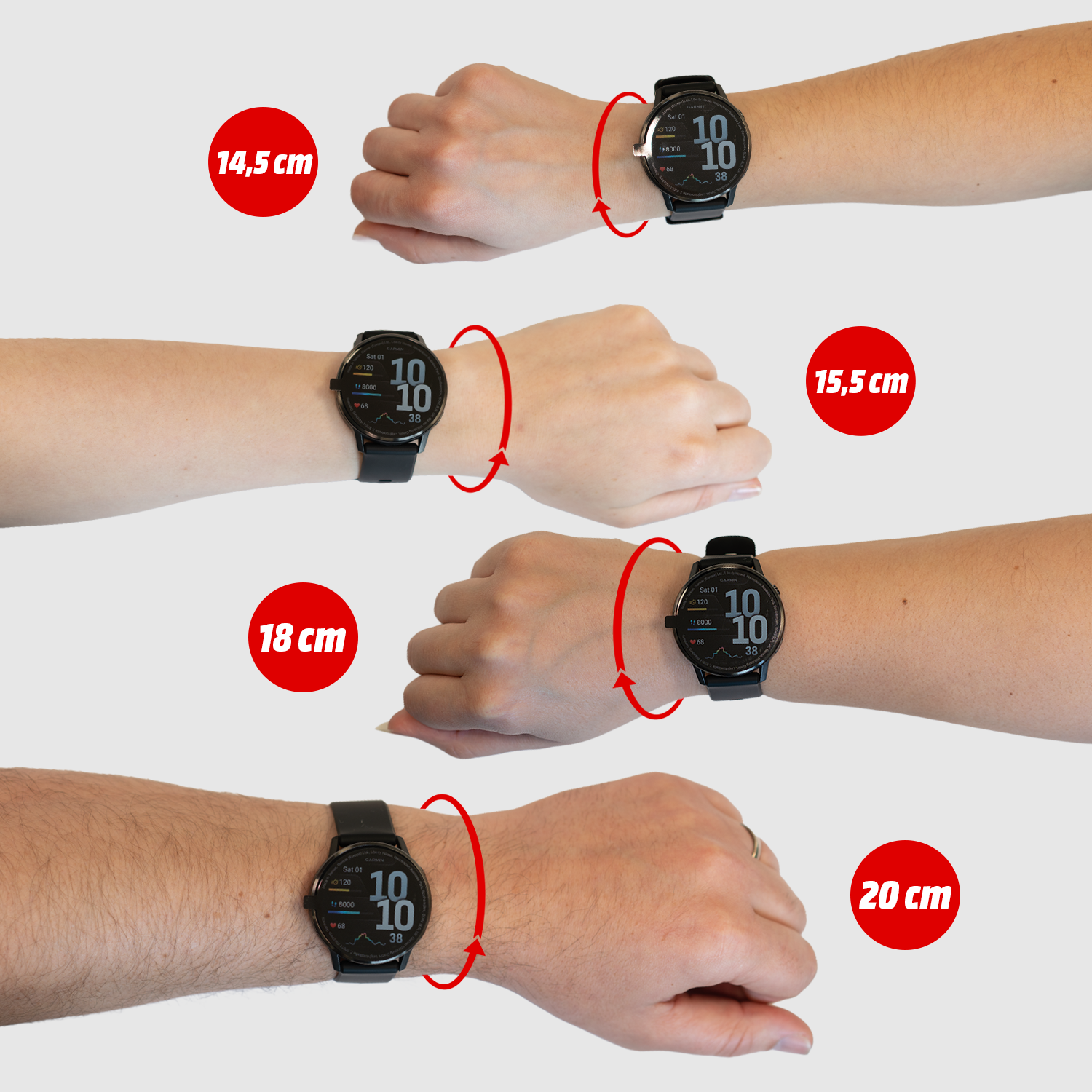 Uhrenarmband an vier Handgelenksgrößen: 14,5 cm, 15,5 cm, 18 cm, 20 cm.