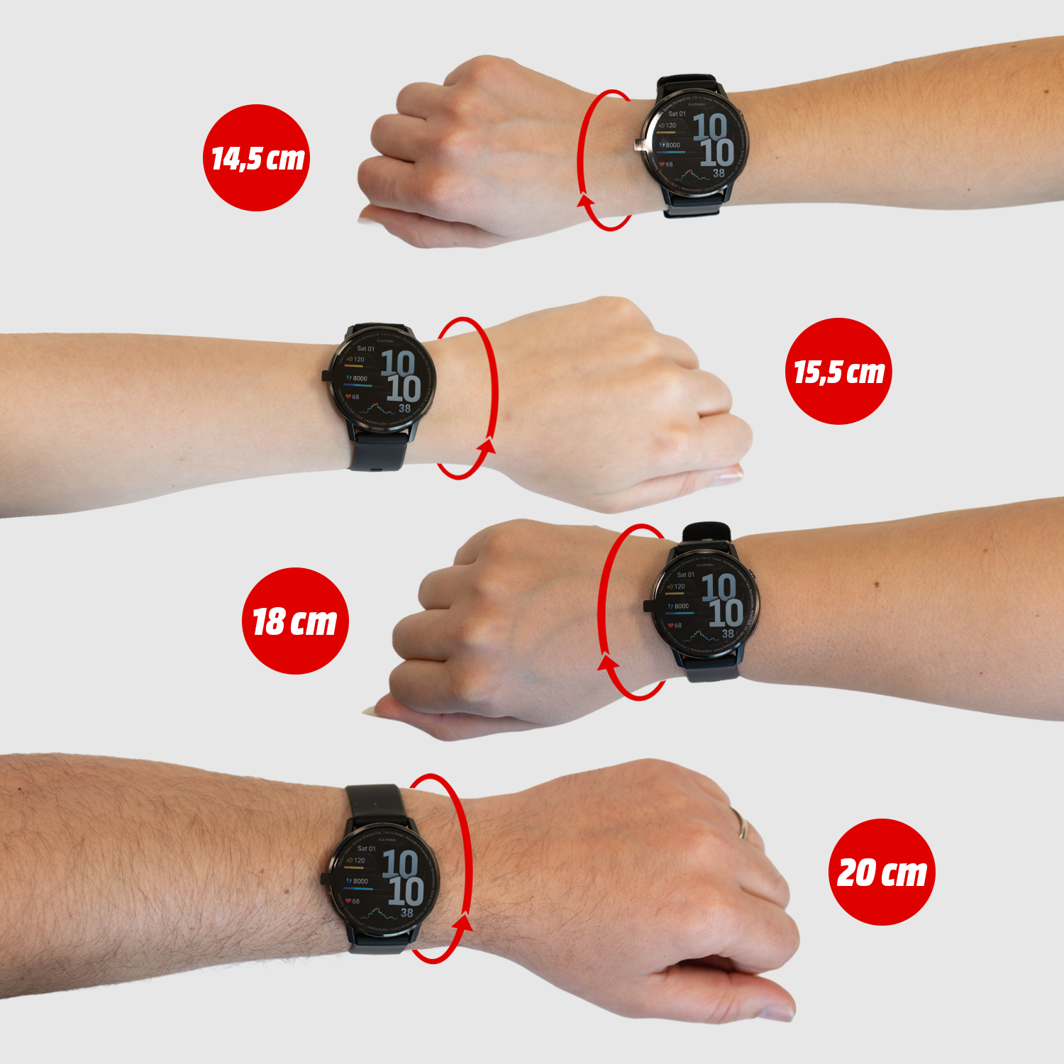 Armbanduhren in vier Größen: 14,5 cm, 15,5 cm, 18 cm und 20 cm.