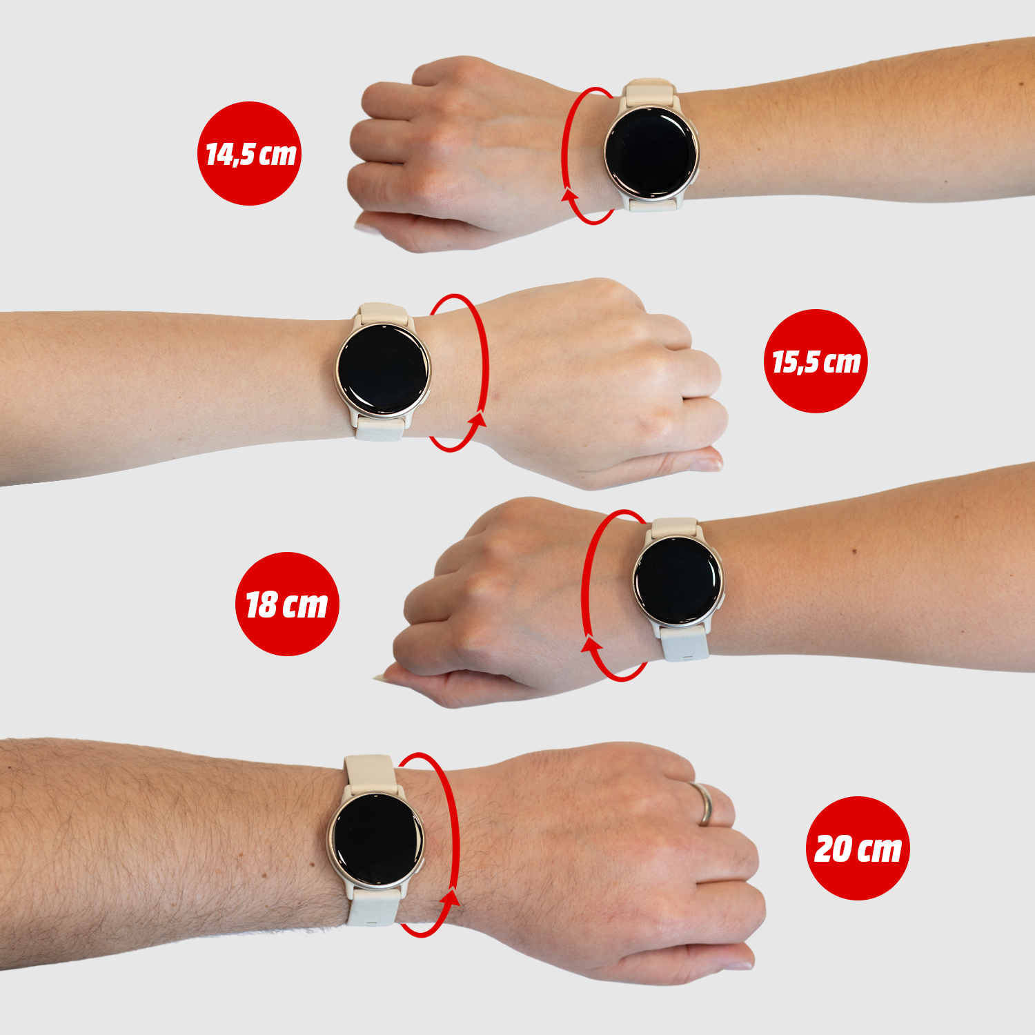 Vier Hände mit Uhren zeigen verschiedene Handgelenkumfänge: 14,5 cm, 15,5 cm, 18 cm, 20 cm.