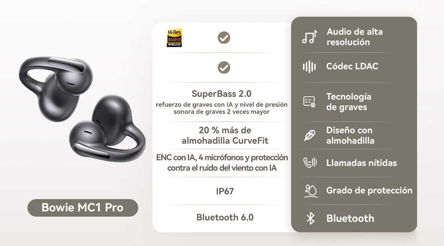 Dos auriculares negros Bowie MC1 Pro con características técnicas.