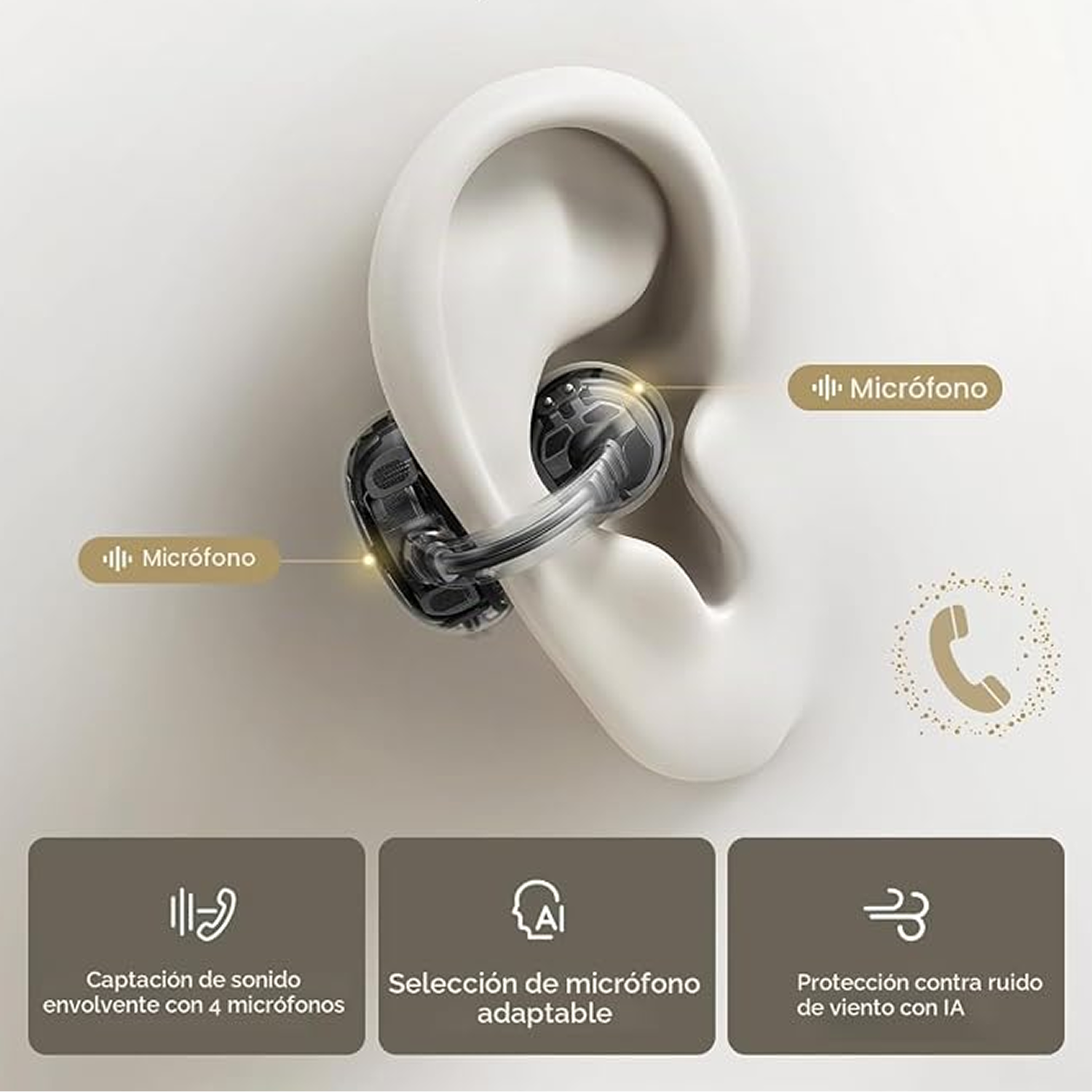 Un audífono en un oído, con iconos de micrófono y texto sobre captura de sonido.
