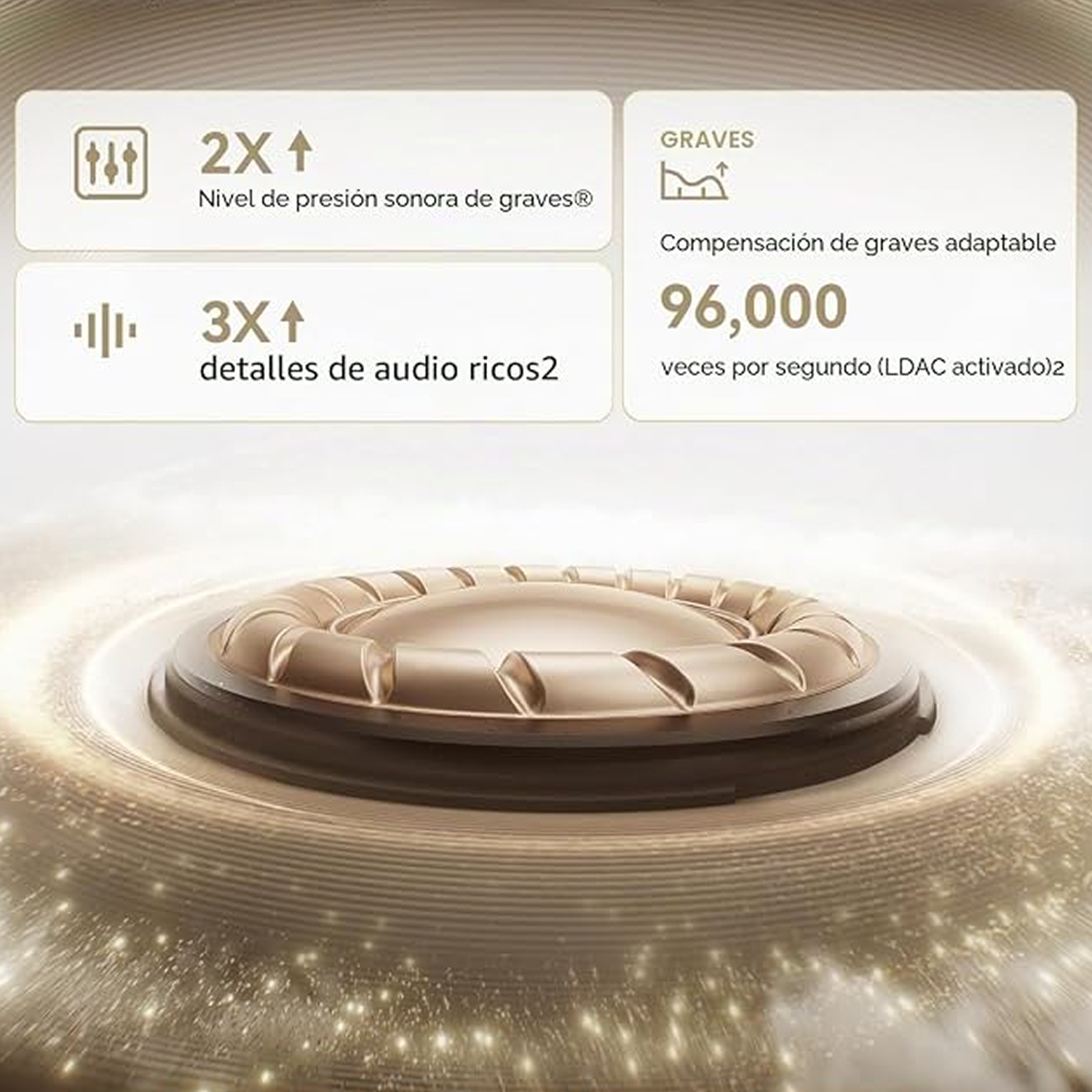 Primer plano de un controlador de altavoz con cuadros de texto sobre graves, detalles y 96.000 Hz.